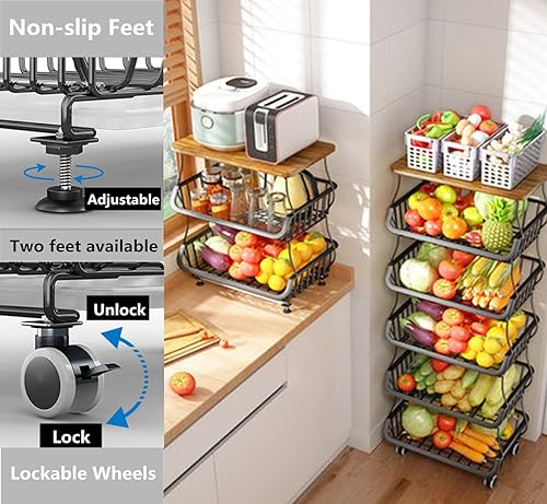 Miniatura 4 de Cesta de almacenamiento de metal con ruedas, estante de almacenamiento de cocina, carrito rodante, apilable, cesta de frutas para cocina, despensa,