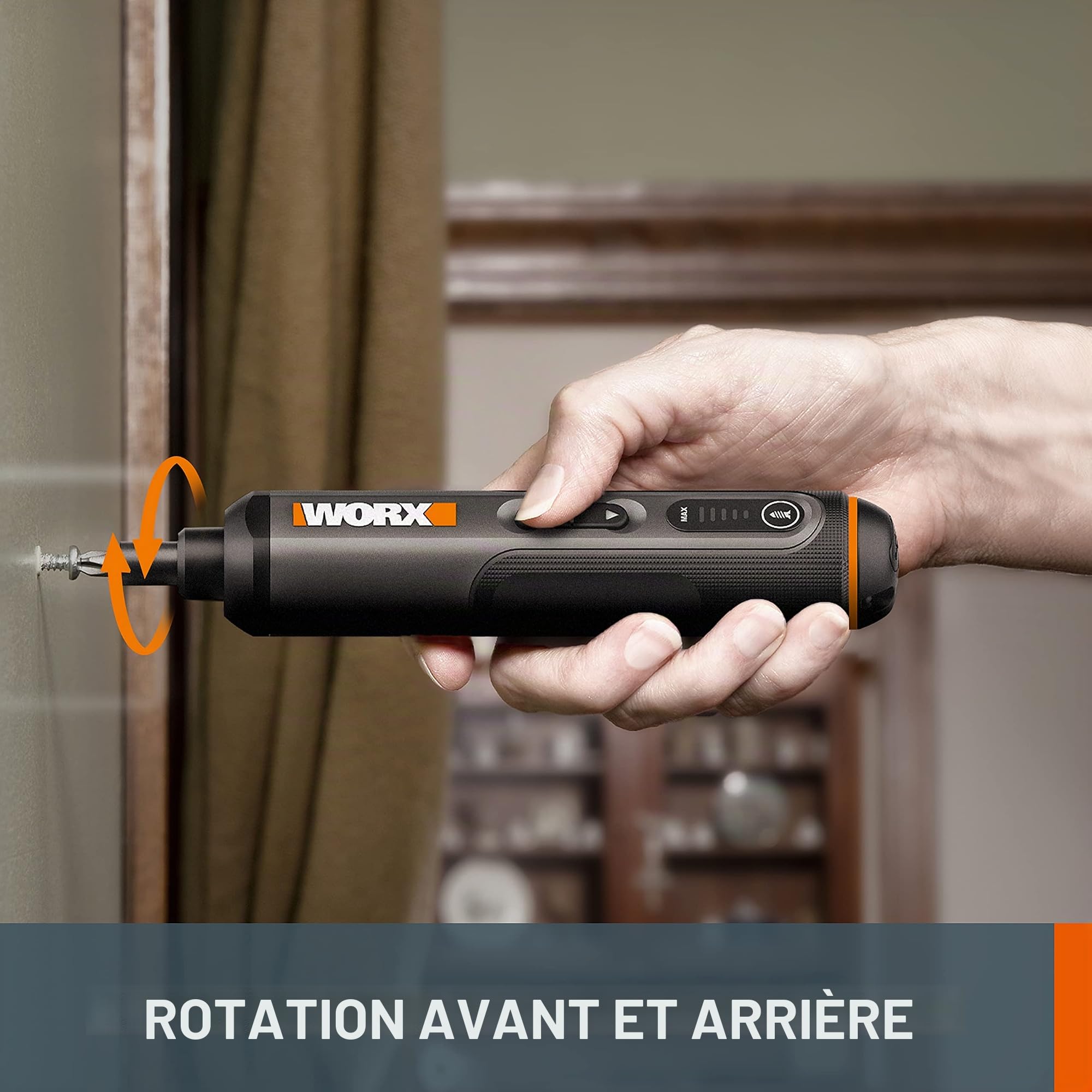 WORX WX240 Mini tournevis électrique 3,6 V (4 V max) avec couple à 3 vitesses, puissance 5 Nm, 24 embouts de tournevis, lumière LED, léger, sans fil, chargement USB C, idéal pour les projets