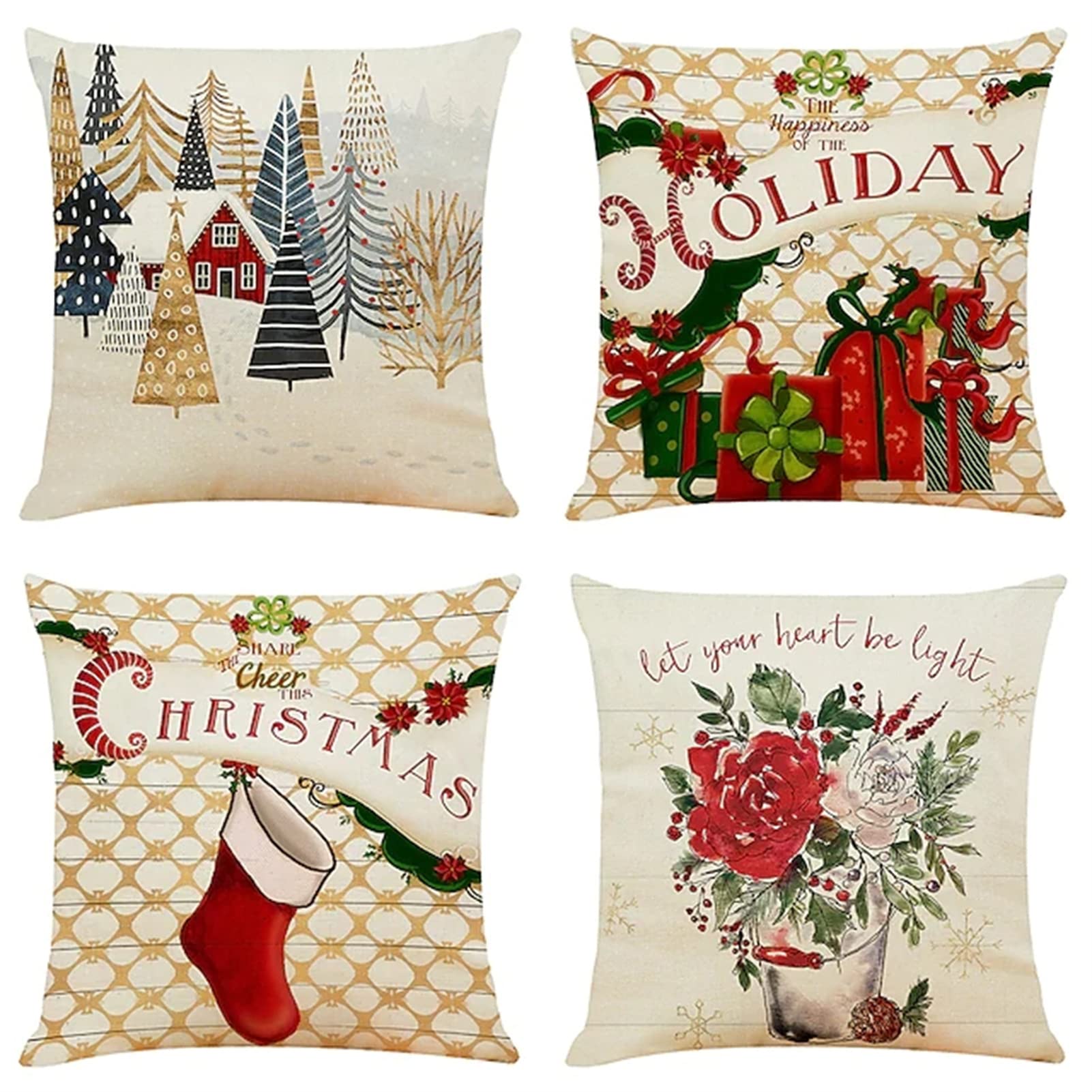 4 Pezzi Fodera per Cuscino 60x60cm, Natale Modello Moderni Decorativo ​copri cuscini per divano, federe cuscini in Velluto con Cerniera Invisibile,Adatto per Interni,Casa, Auto e Sedia
