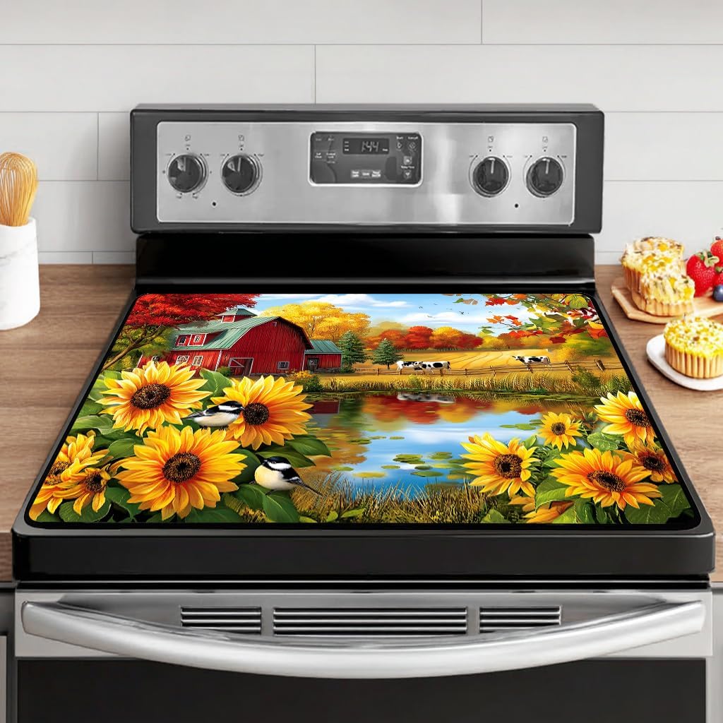 Bee Happy Stove Top Cover for Electric Stove, Sunflower Glass Cooktop Covers, Cute Gnome Heat Resistant Glass Top Stove Cover Protector, Kitchen Flat Electric Stove Top Covers