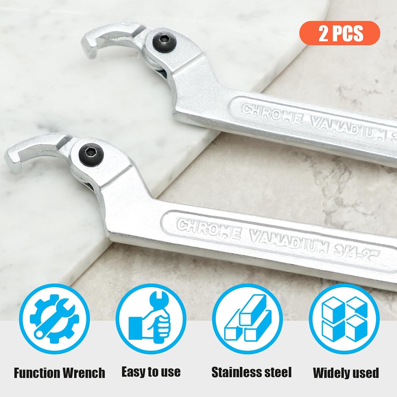 2Pcs C Hook Spanner Wrench, Stainless Steel Adjustable Hook Wrench, Pin Spanner Wrench, Portable Square Head Cover Removal Wrench Tool 3/4-2"(19-51mm) for Mechanical Equipments