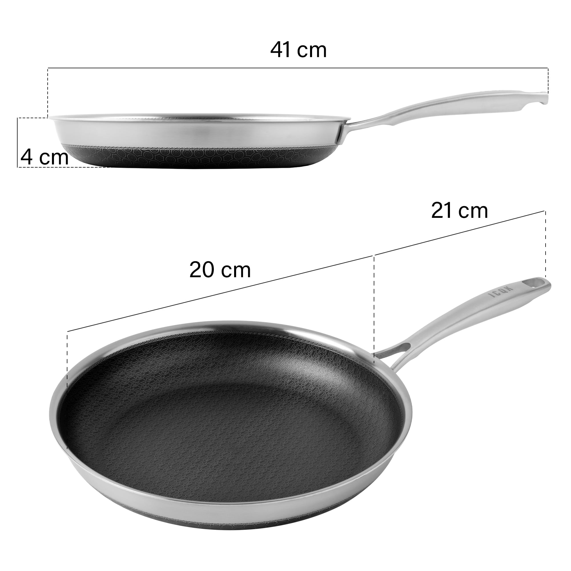 Padella Antiaderente Triplo Strato (Acciaio Inox + Alluminio) Diametro Ø 20 cm, Antigraffio, NO PFOA, Per Piano Cottura Induzione, Ceramica, Elettrico, Gas, Forno, Manico Anti Scottatura, Fry Pan