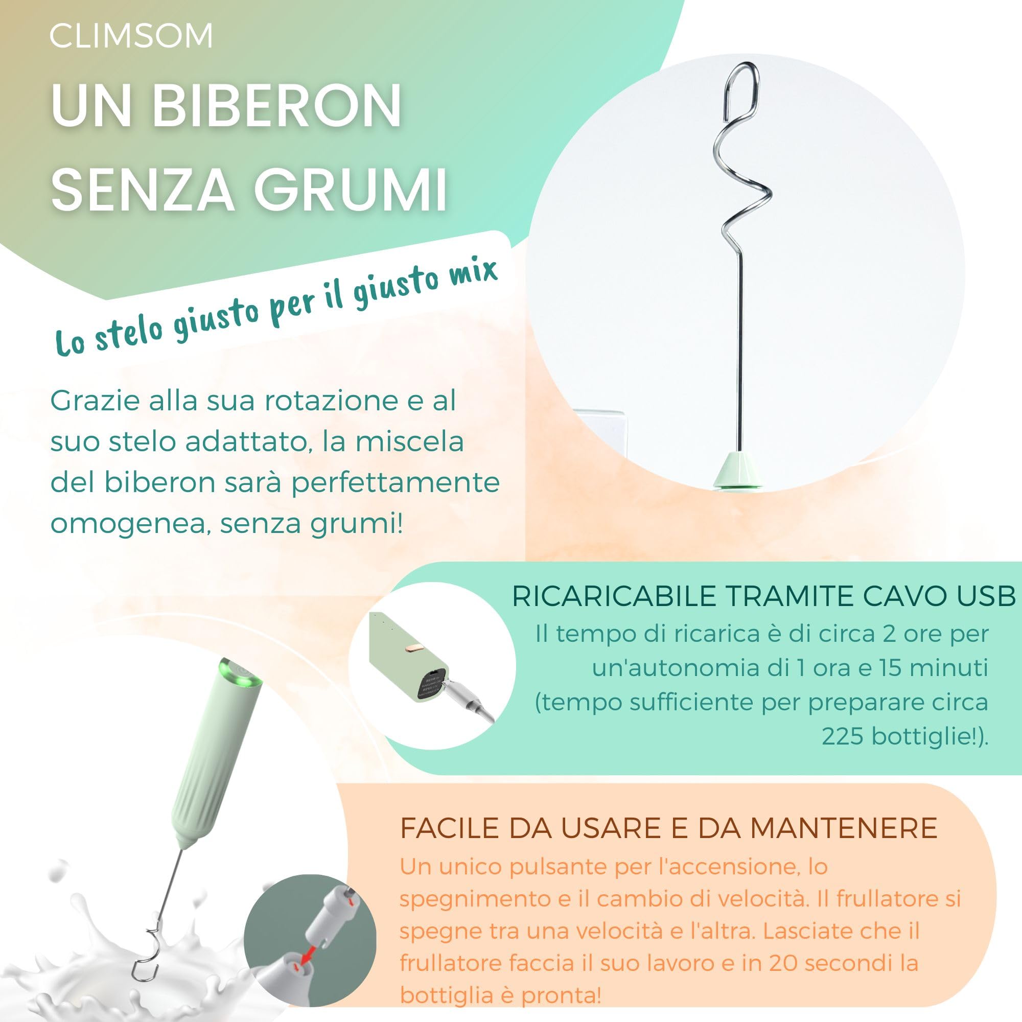 Climsom - Miscelatore per biberon ricaricabile tramite USB, 3 velocità, miscela omogenea senza grumi, facile da pulire, per qualsiasi tipo di latte, idea regalo