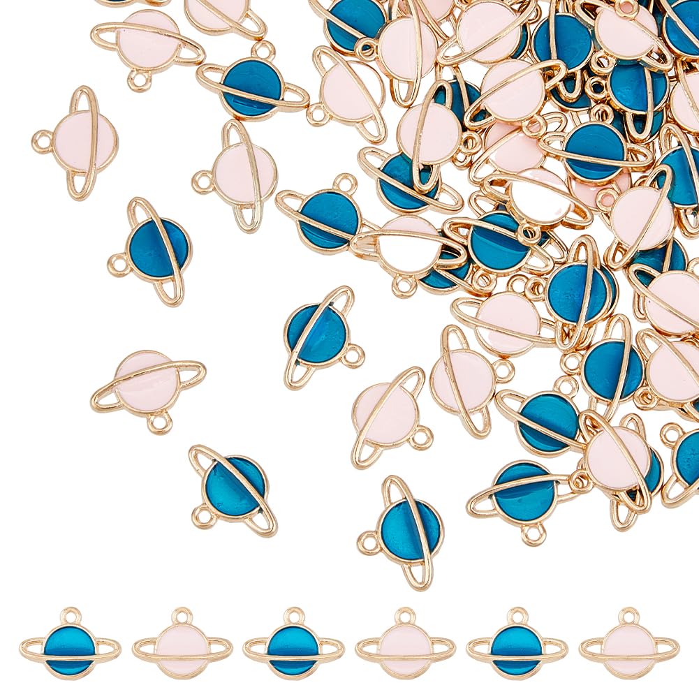 DICOSMETIC120pcs Blue Enamel Planet Pendant Neptune Pink Planet Celestial Charms Space Theme Gold Alloy Pendants for Necklace Jewelry Making Craft