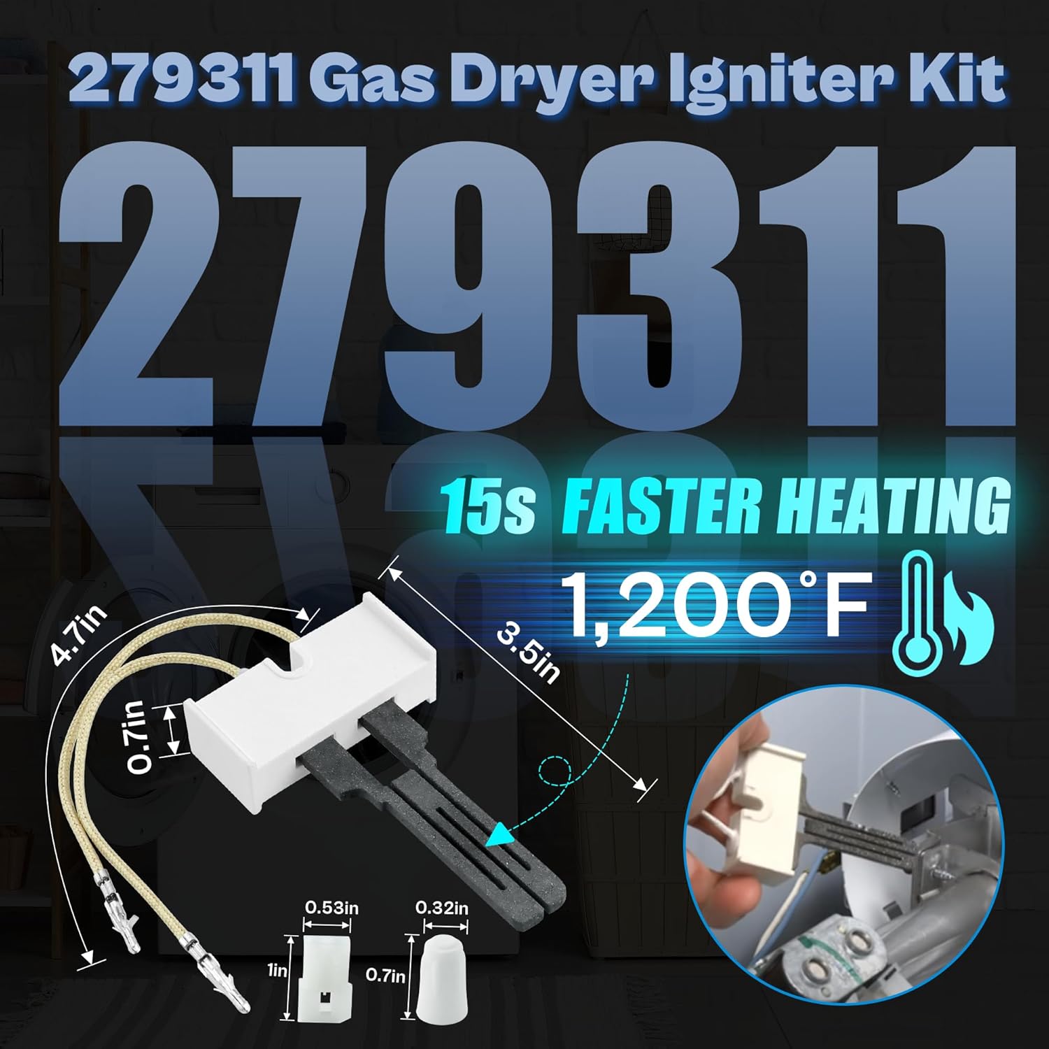 【Upgraded Durable】Gas Dryer Repair Kit - 279311 Igniter 279834 Gas Valve Coil 338906 Flame Sensor | Fix Heating Issues for Whirlpool Kenmore Maytag Gas Dryers