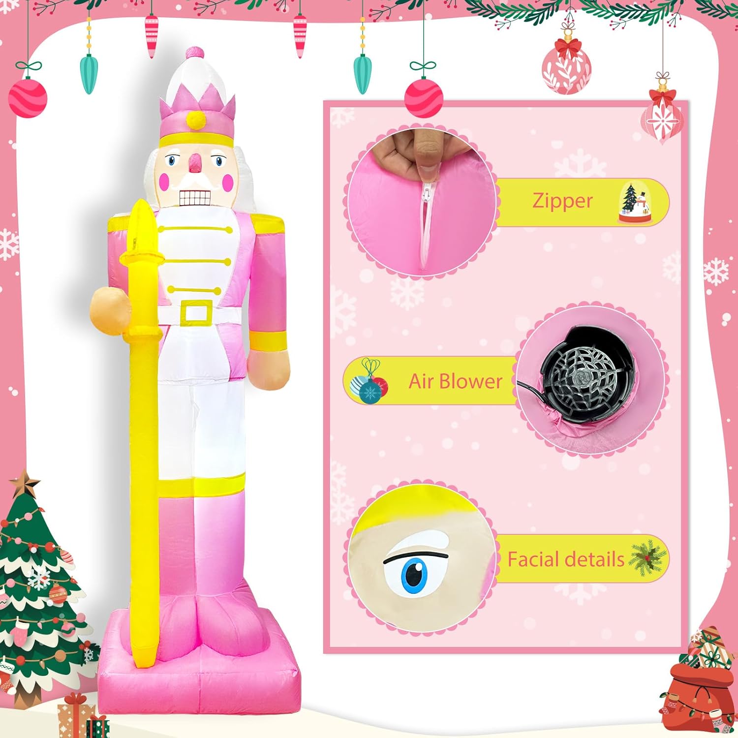 OurWarm 8FT Christmas Inflatables Pink Nutcracker Christmas Decor, Christmas Blow Ups Outdoor Nutcracker Decor with LED, Inflatable Decorations Outdoor for Yard Lawn Garden Xmas Decorations
