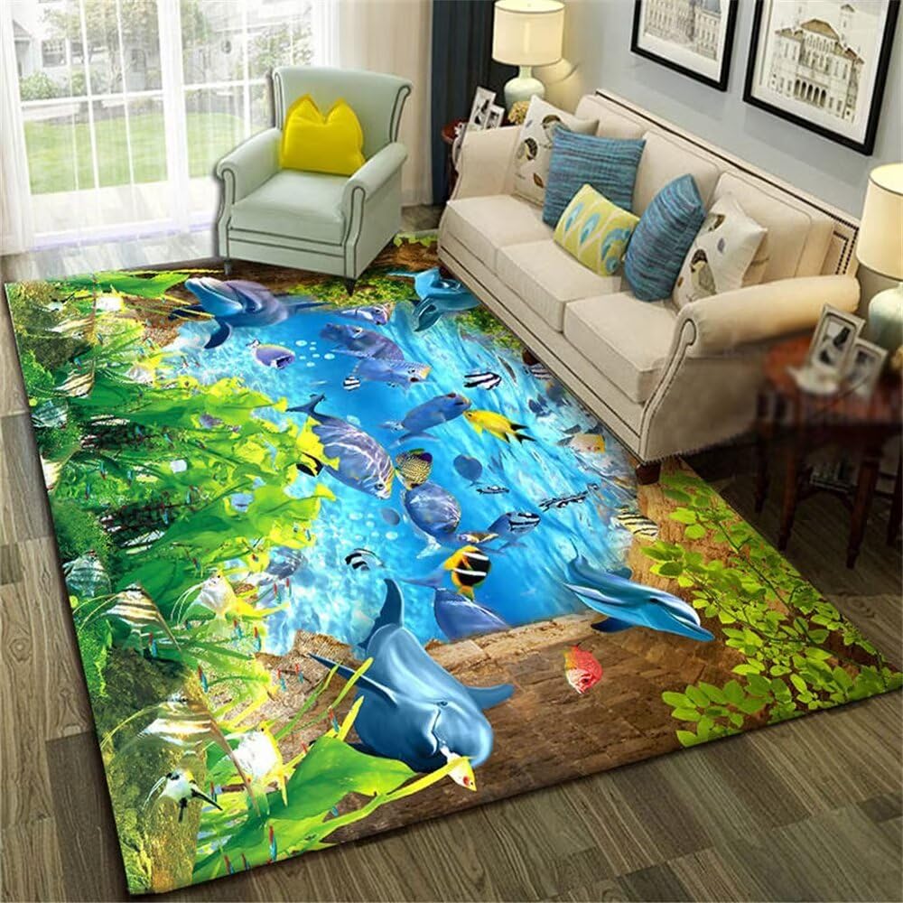 Tapis de salon 180x250cm vert et bleu lavable motif marin pour chambre d'enfant