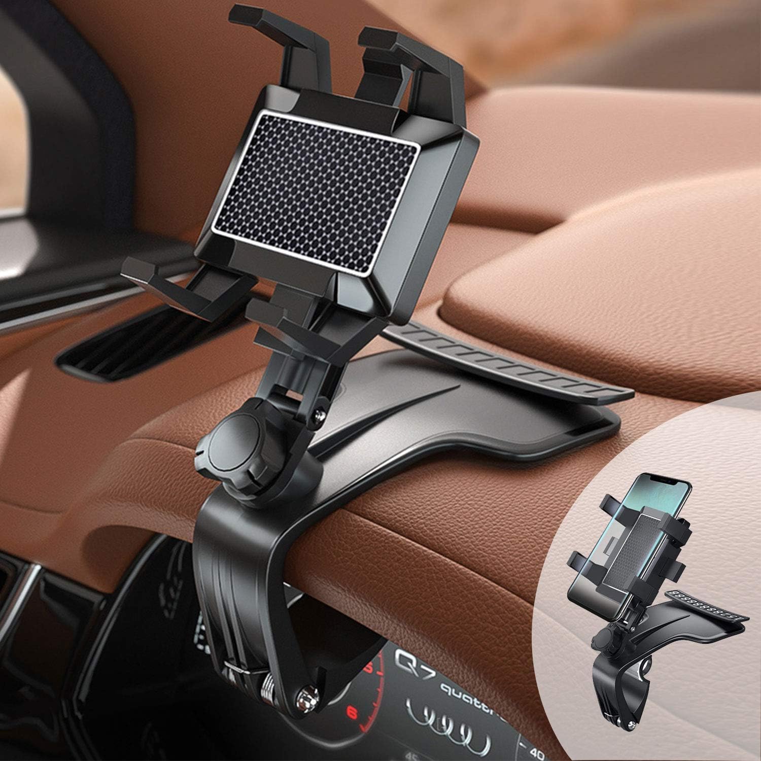 Car Phone Holder, Multifunction Car Dashboard Holder Rearview Mirror with 360 ° Adjustable Spring Clip, Suitable for 3 to 7 Inch Smartphones