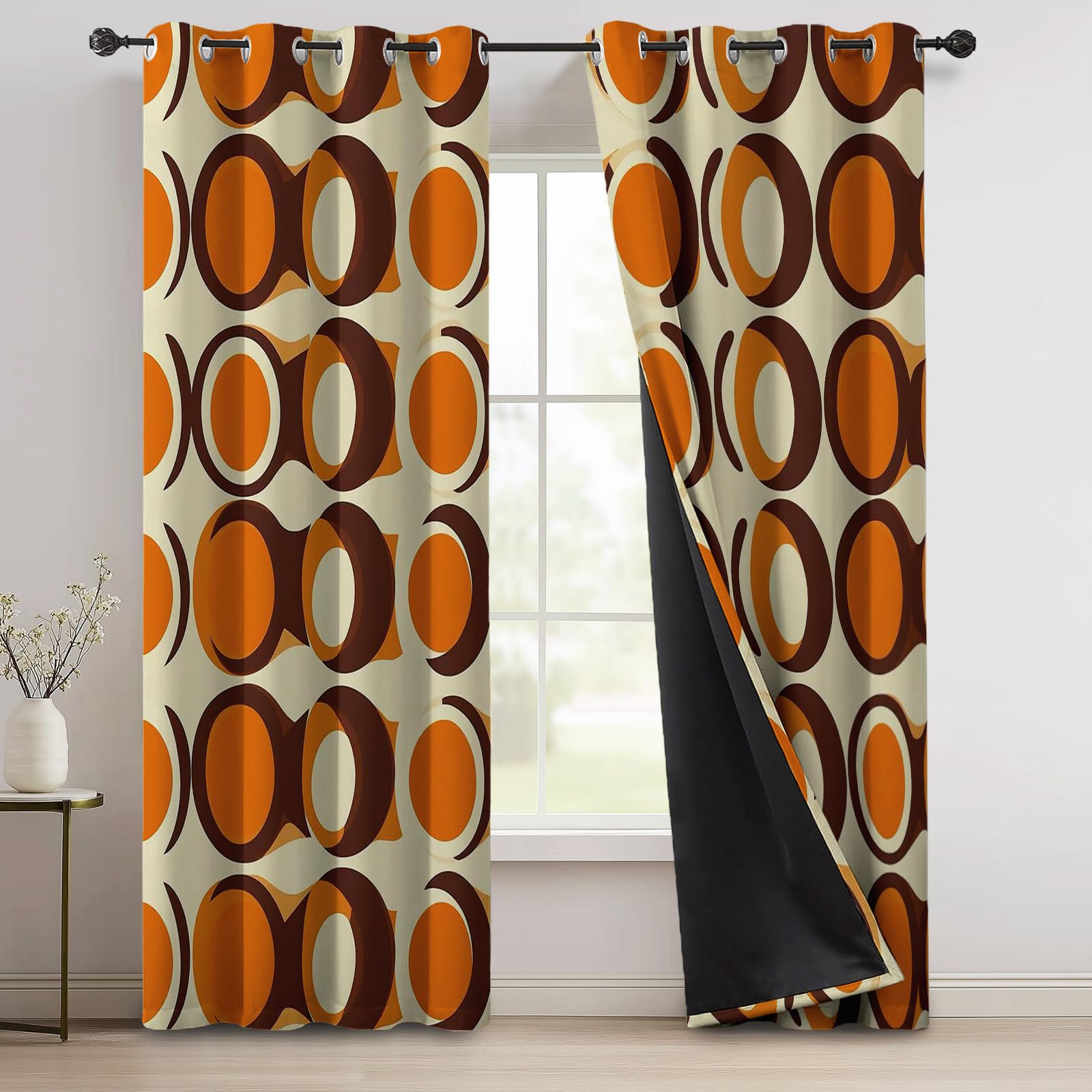 Rideau Occultant Bulles Vintage Imprimés Lot de Thermique Isolant Tenture Opaque à Oeillets Draperies Intérieurs pour Maison Chambre Salon Fenetre 140L X 260H cm (2 Panneaux), Orange Marron