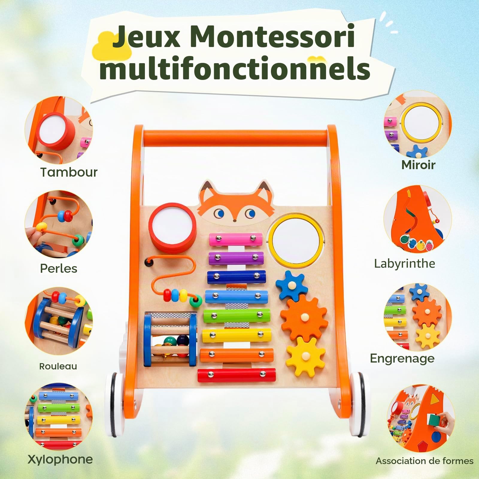 Chariot de marche en bois pour jeunes enfants, trotteur multifonctionnel avec plateau de jeu et musique, avec jouets en bois Activity Center, apprendre à marcher