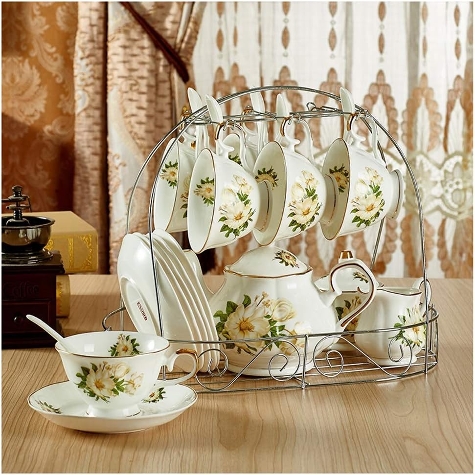 China Coffee Set 15 Piece European Ceramic Tea Sets, with Metal Holder, White and Orange Flower Painting