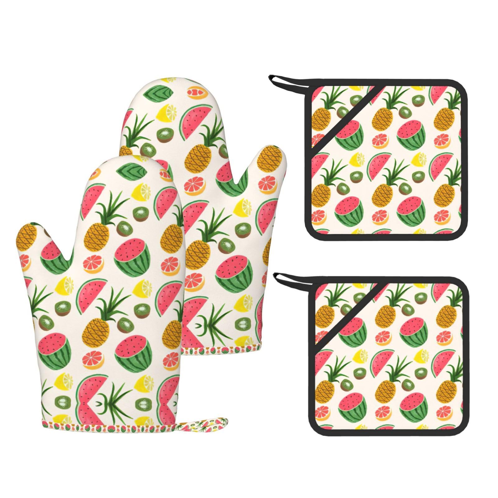 Tropical Fruits Printed Pot Holders and Oven Mitts 4-Piece, Non-Slip Kitchen Gloves with Utensil Pocket for BBQ