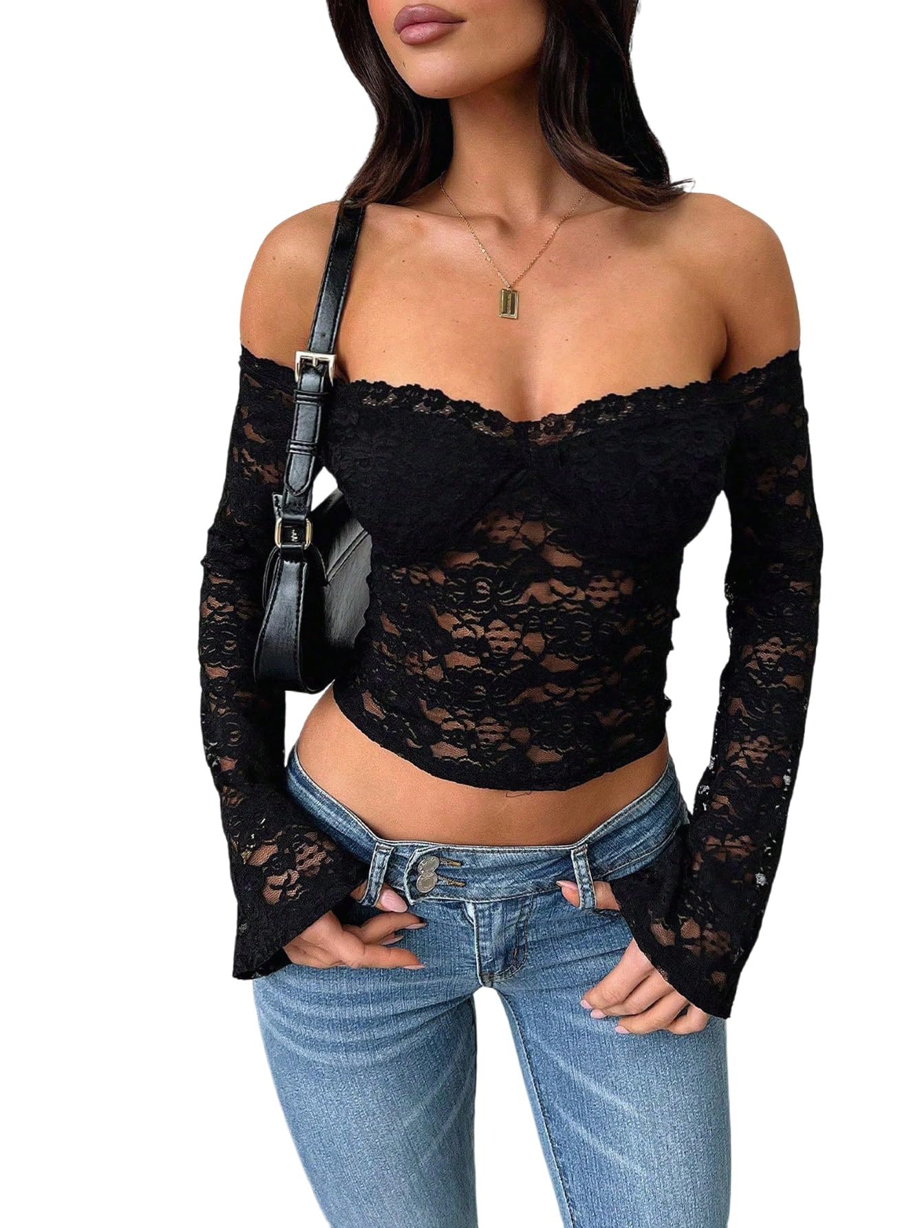 GORGLITTER Top da donna in pizzo, elegante, con spalle scoperte, in rete, trasparente, a maniche lunghe, slim fit, per feste