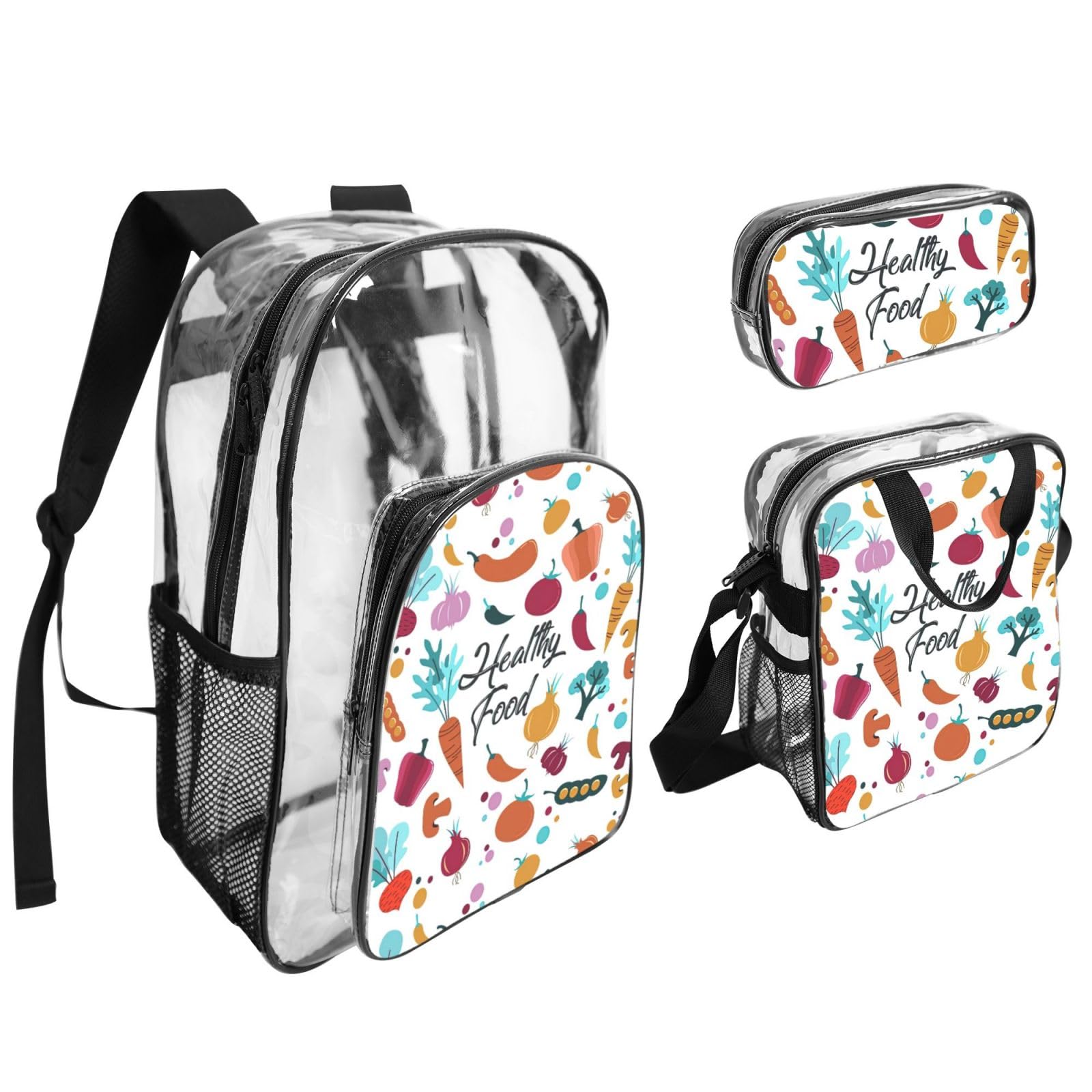 Set di 3 borse trasparenti per bambini, con stampa di alimenti sani, borsa trasparente con borsa termica per il pranzo inclusa