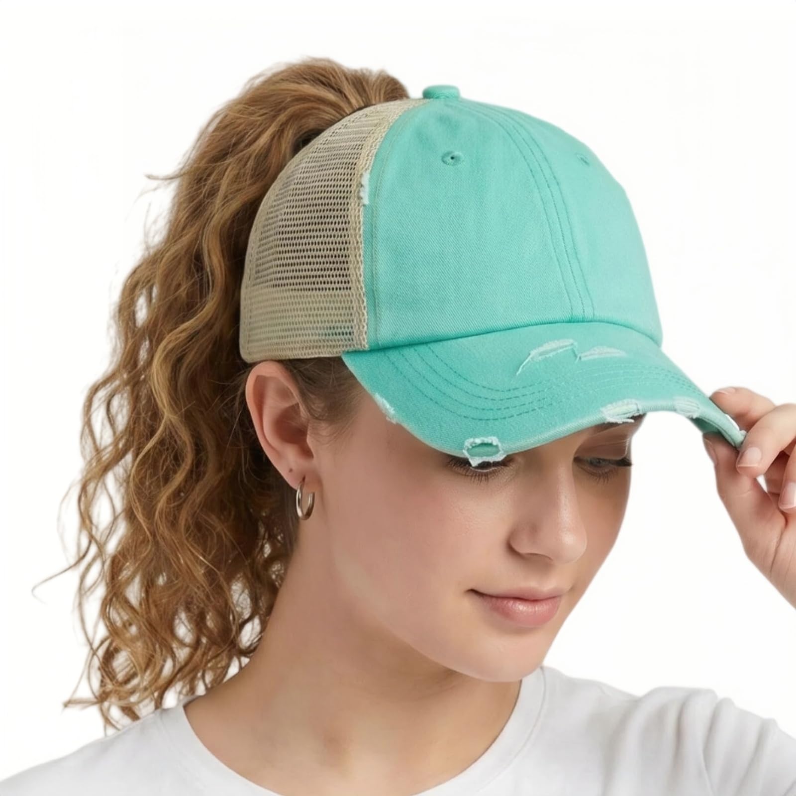 ProMindFun Womens Criss Cross Ponytail High Messy Bun Hats Distressed Baseball Caps Unconstructed Washed Dad Hat Girls Trucker Ponycaps - - 54-60 cm