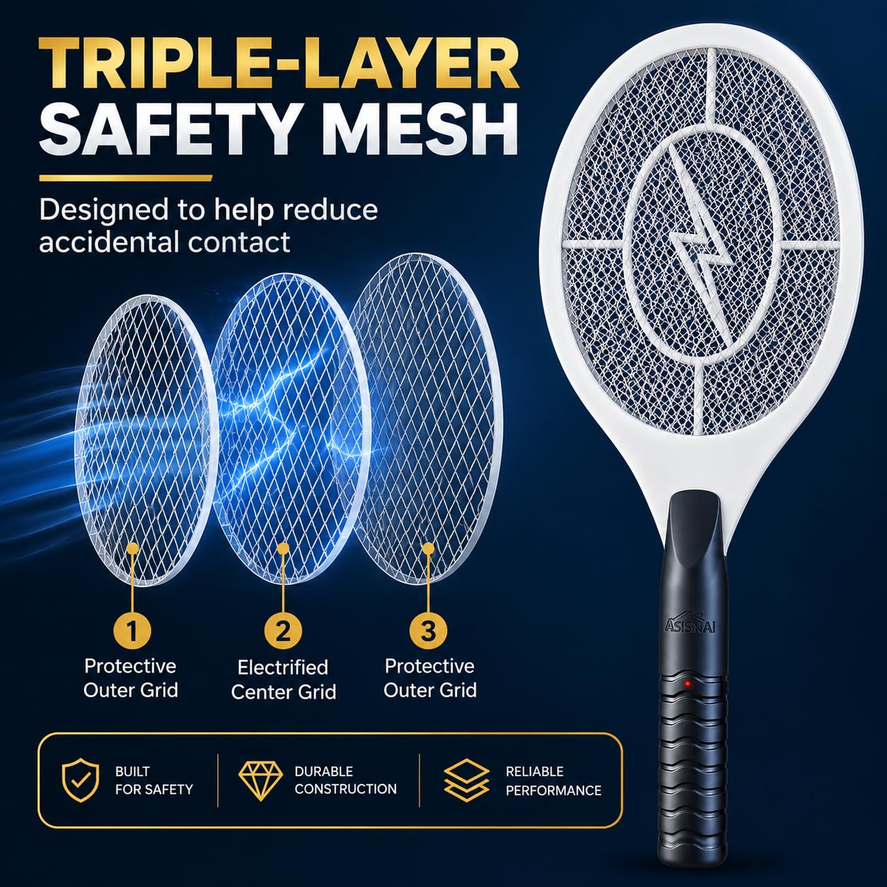 Bug Zapper Racket, Elektrische Fliegenklatsche für Mücken, Fliegen und fliegende Insekten, 45,7 cm Handheld-batteriebetriebener Fliegenvernichter für den Innen- und Außenbereich, 2 AA-Batterien