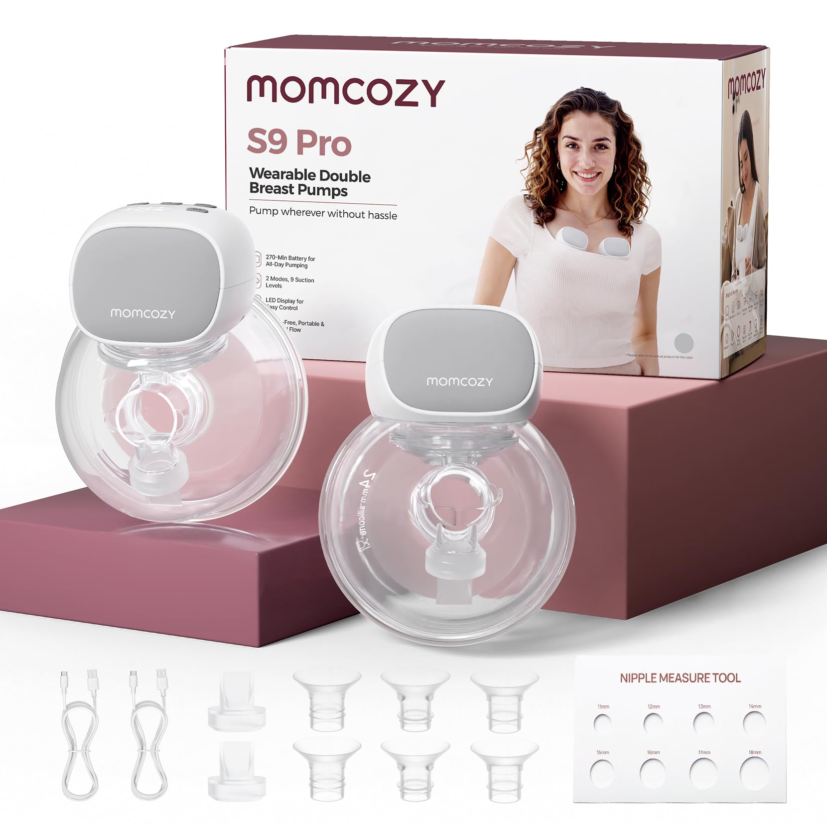 Momcozy S9 Pro Milchpumpe Elektrisch Tragbar 2 Pack Rosa | Freihändige Brustpumpe mit längster LED-Anzeige, Elektrische Milchpumpe mit 2 Modi & 9 Stufen 24mm Brusthaube 180 ml