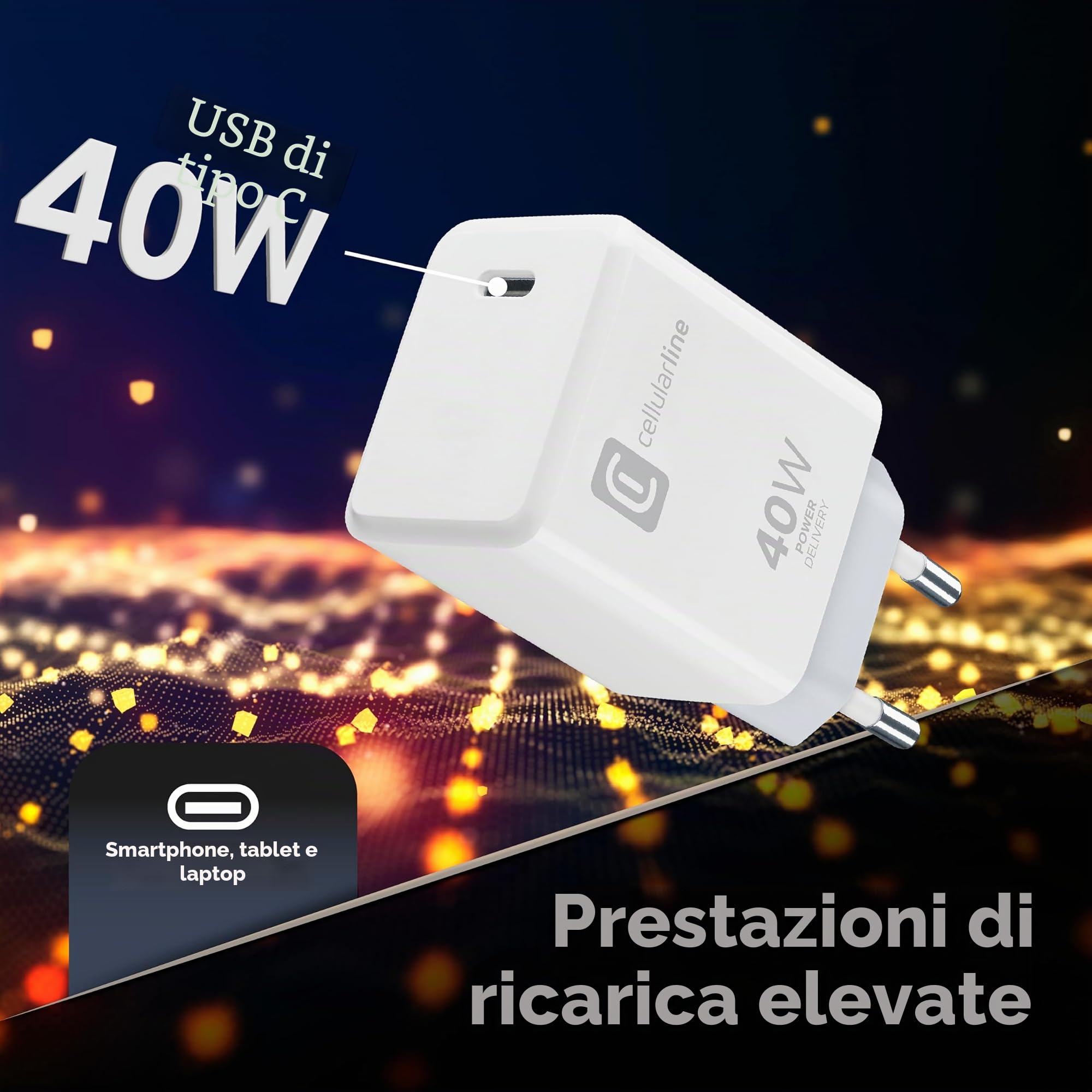 Cellularline Caricabatterie USB-C 40W PD - Ricarica Rapida per iPhone Serie 17, iPad Pro 2025, MacBook - Bianco