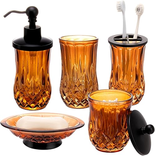 Juego de accesorios de baño, 5 piezas de vidrio ámbar, dispensador completo de loción y jabón, soporte para cepillo de dientes, jabonera, vaso y
