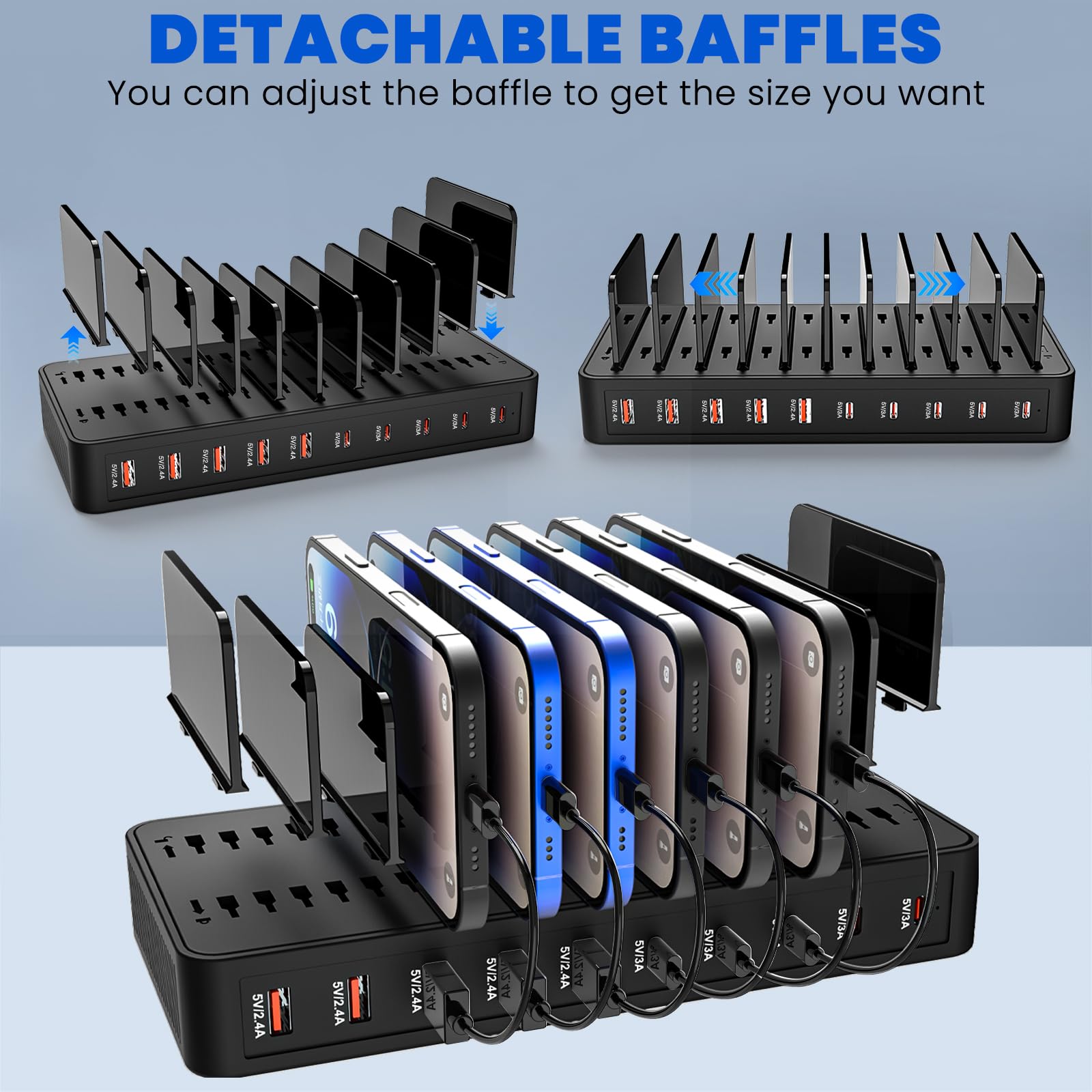 Charging Station for Multiple Devices, 100W 10 Ports Flat Plug Charging Dock with 10 Cables Smart IC Tech and Adjustable Dividers Type-C，Multi USB Charger for iPhone Galaxy iPad Tablet，Black