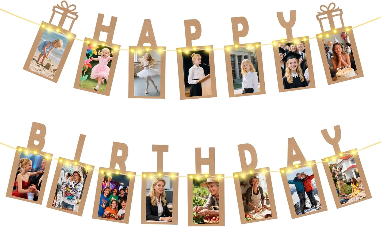 Happy Birthday Deko, Seutgjie Fotogirlande zum Geburtstag Kinder Frau Mann mit LED-Lichterkette und 15 Glitzerkarten für Fotos