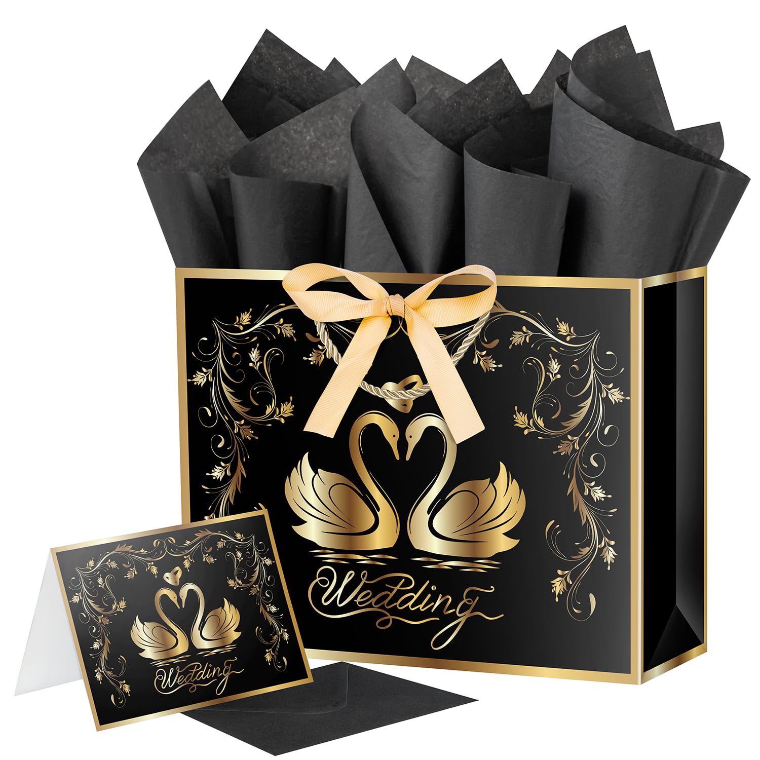 Ranfashiong 13” Large Black Wedding Gift Bag with Handles and Tissue Paper for Women, Men, Anniversary Engagement (Swan)