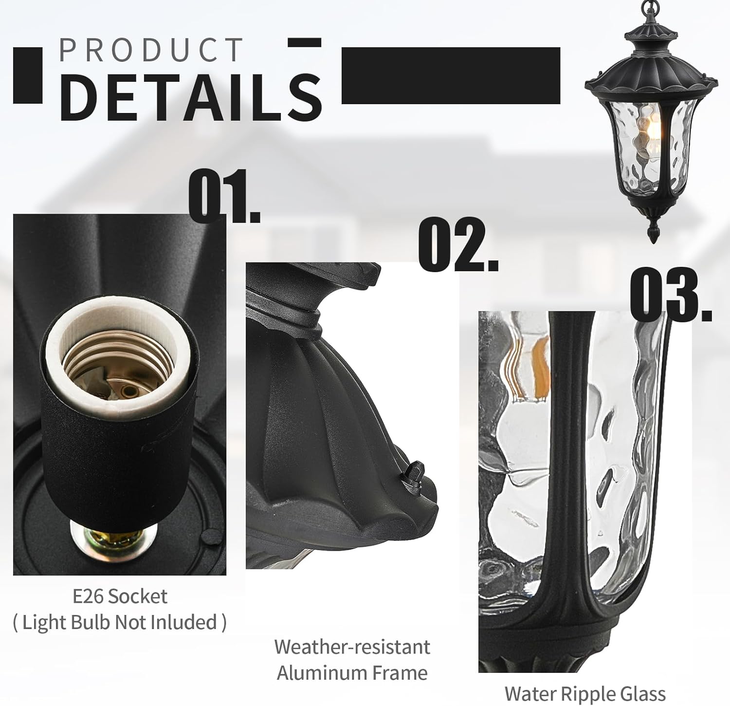 Outdoor Pendant Light Dusk to Dawn Sensor, 17.13 Inch Adjustable Exterior Hanging Light Fixture Black Outside Ceiling Chandelier for Entryway, Doorway, Farmhouse, Foyer