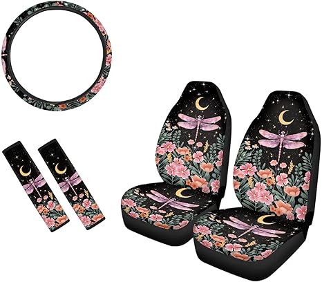 Dragonfly Moon Star Flower Front Car Seat Covers 5 Piece Auto Accessories Set for SUV Truck Sedan Van Cars with Steering Wheel Cover and Seatbelt Pad Cover, Seat Cover Protector