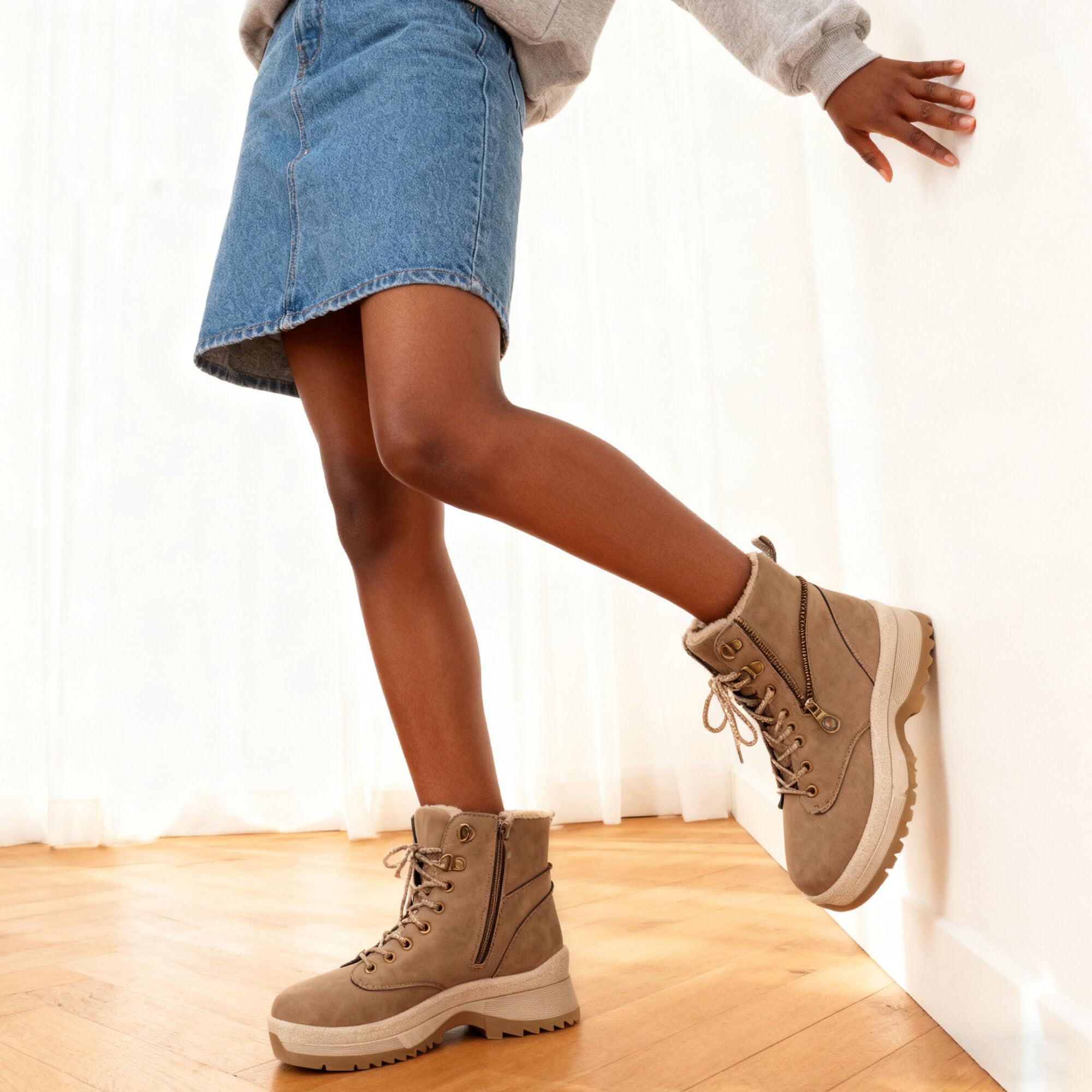 GLAMORA Botas de Nieve para Mujer, Botines de Invierno Estilo Montaña, Antideslizantes, Resistentes al Agua, con Pelo, Cremallera Lateral y Cordones