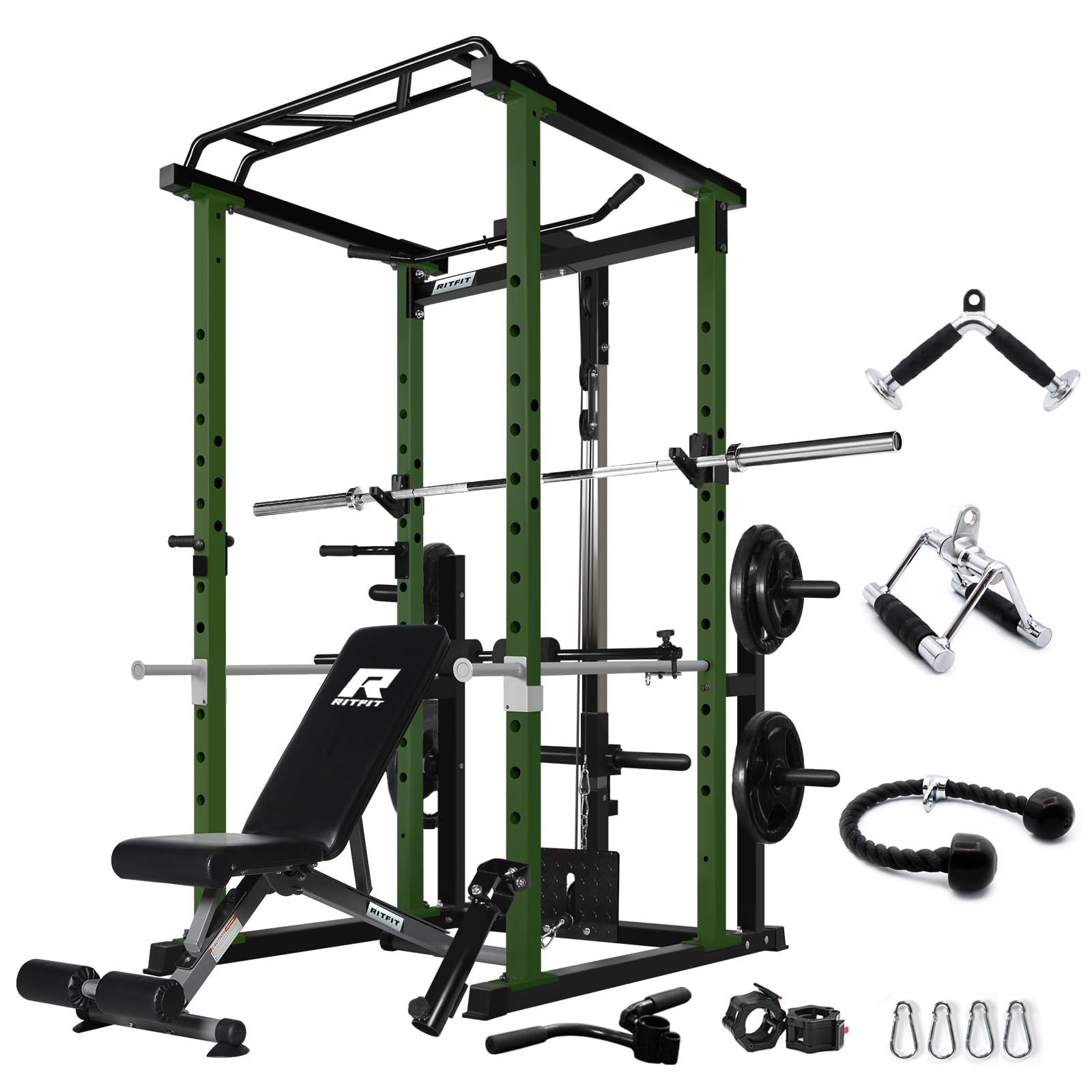 RitFit Squat Rack Power Cage Home Gym Package, Includes 1000LBS Power Rack with LAT Pull Down, Weight Bench, Rubber/Bumper Plates Set with Olympic Barbell (Package 1.2K (Rubber Plate 140LBS))-Green