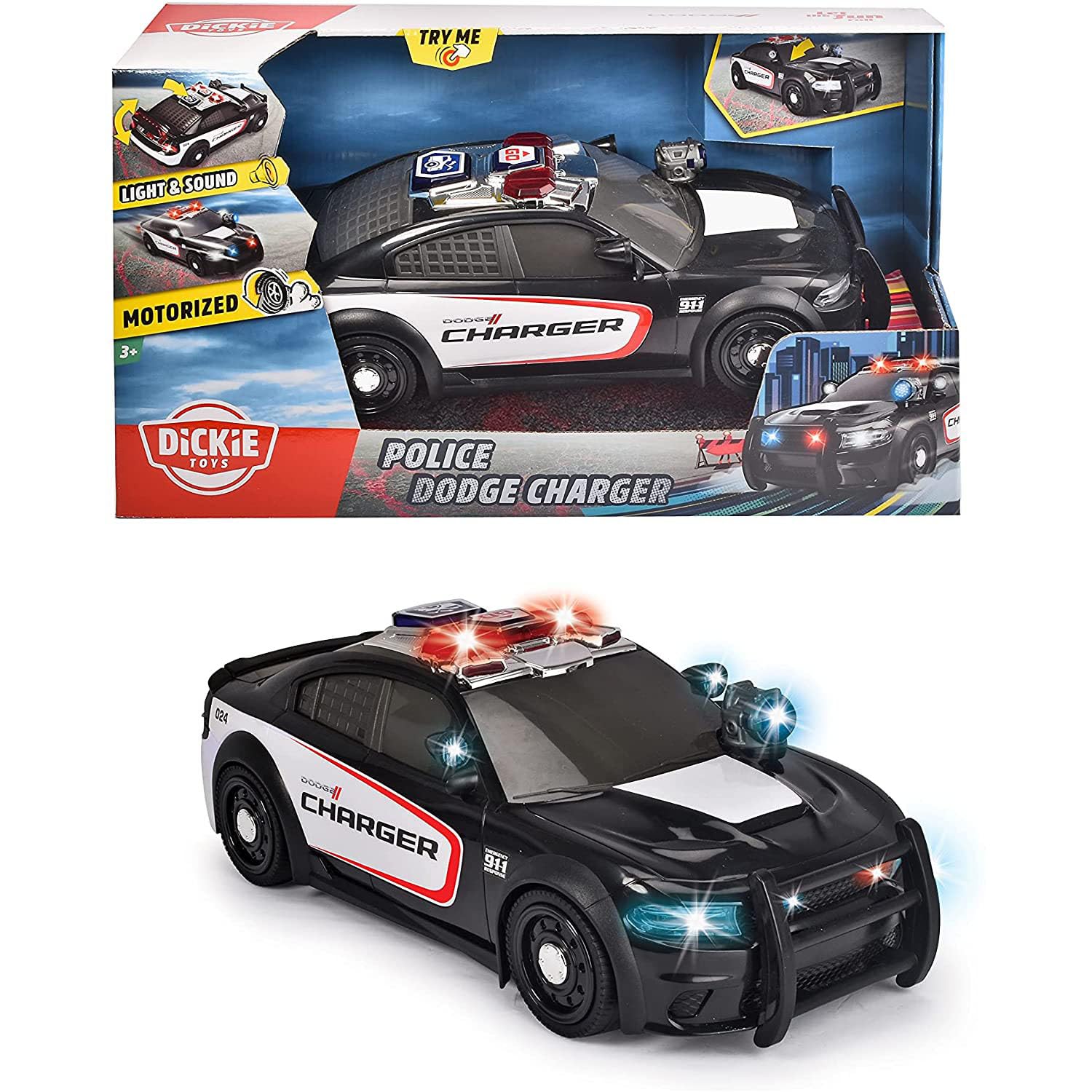Dickie Toys Coche de policía Dodge Charger XL – Coche motorizado de Juguete de 33 cm con Rueda Libre, luz Azul, Sirena, Reflector para niños a Partir de 3 años