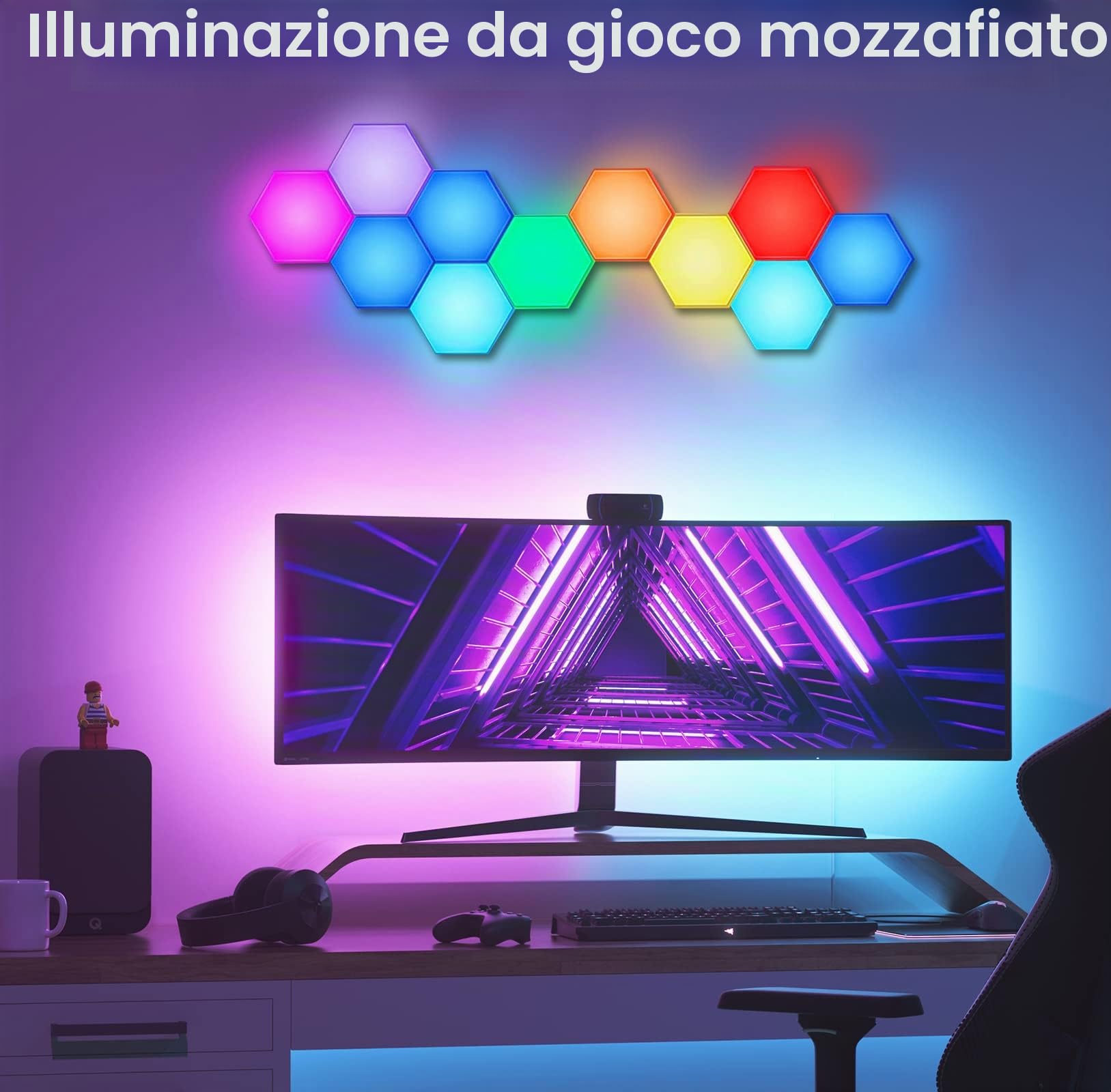 Pannelli LED RGB con Telecomando, Applique da Parete Interno Luci Esagoni LED Gaming Controllo Touch, Geometria Fai-da-te Lampada Gaming LED Muro Accessori Gaming per Camera da Letto, 10 Pannelli