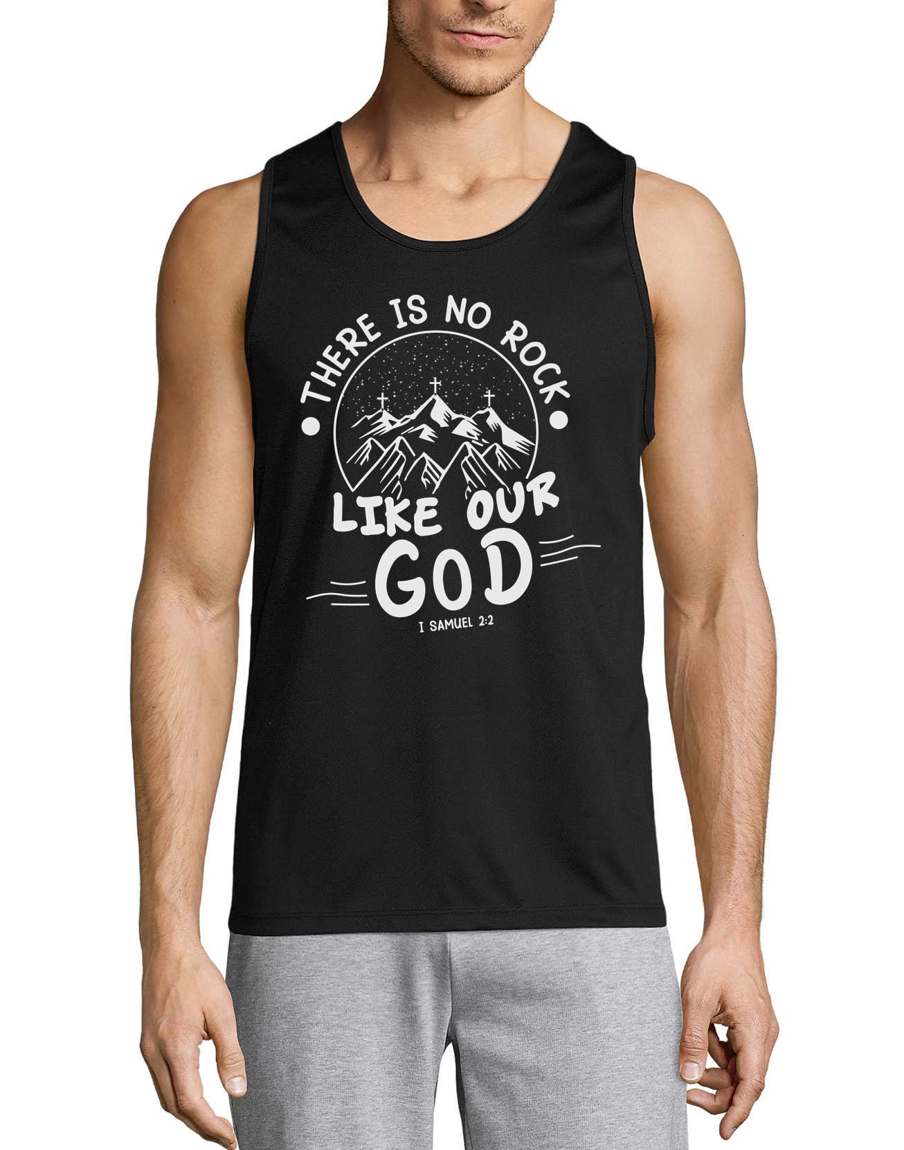 Camiseta sin mangas de algodón inspiradora con frase de fe sobre roca fuerte para hombre 3