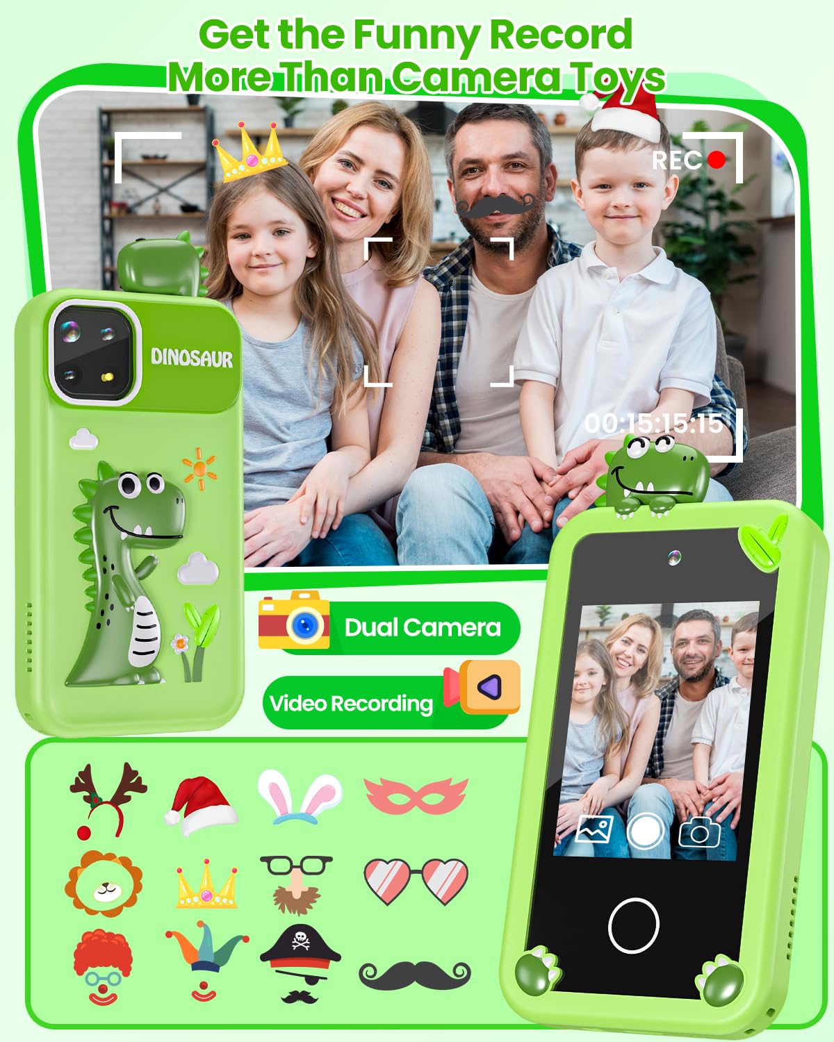 Kids Smart Phone for Boys with 32G Card & Holographic Pyramid, Christmas Birthday Gifts for Age 3-10 Kids Toy Cell Phone, 2.8" Touchscreen Toddler Learning Toy, Dual Lens, Music Player(Green Dinosaur) 2