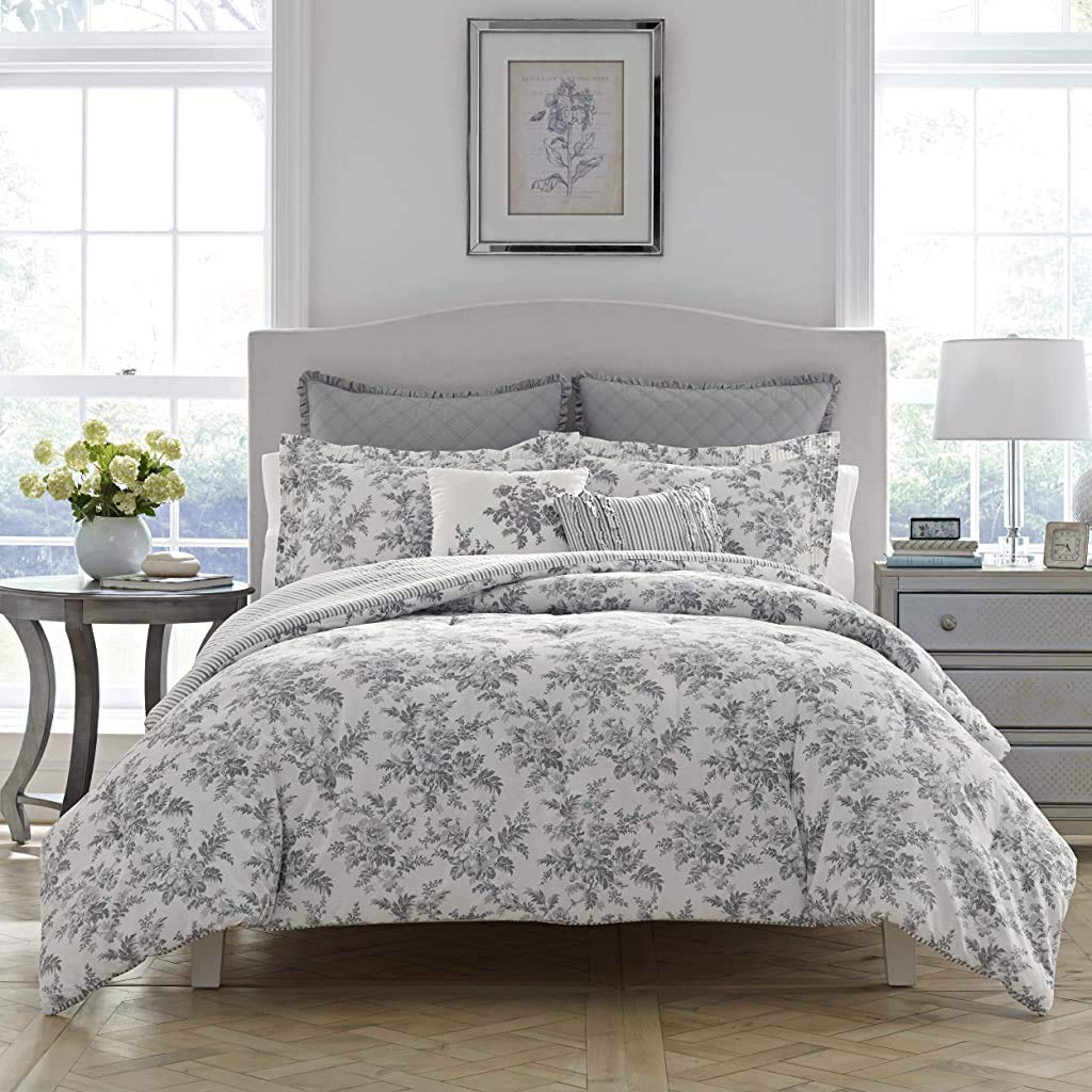 Laura AshleyHome - King Comforter Set, Reversible Cotton Bedding, Includes Matching Shams with Bonus Euro Shams & Throw Pillows (Annalise Grey, King)