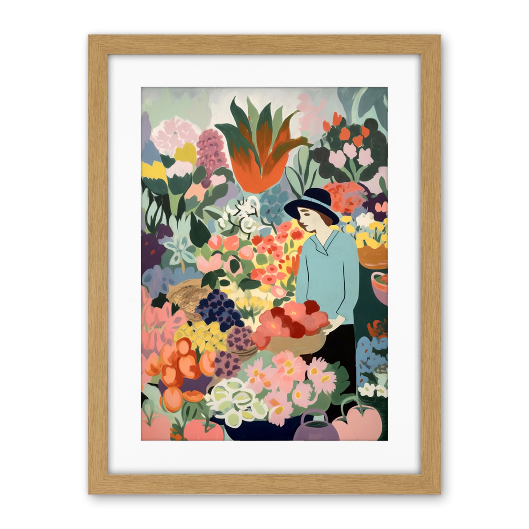 Artery8 Danish Pastel Aesthetic Flower Market Watercolour Painting Woman Bouquet Artwork Framed Wall Art Print 18X24 Inch
