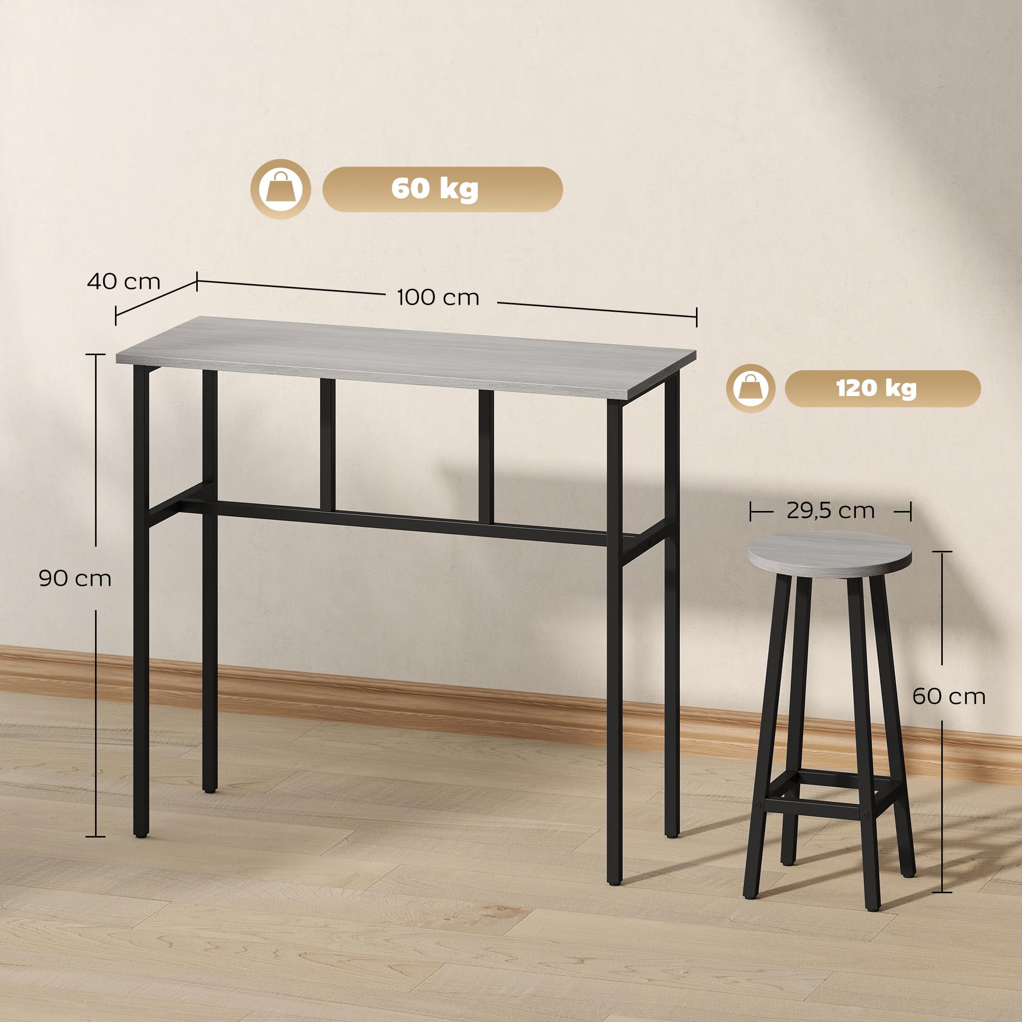 HOMCOM Ensemble Table de Bar Style Industriel 6 pièces, 2 Tables Hautes avec 4 tabourets - Acier et Panneaux de Particules - 4 Personnes