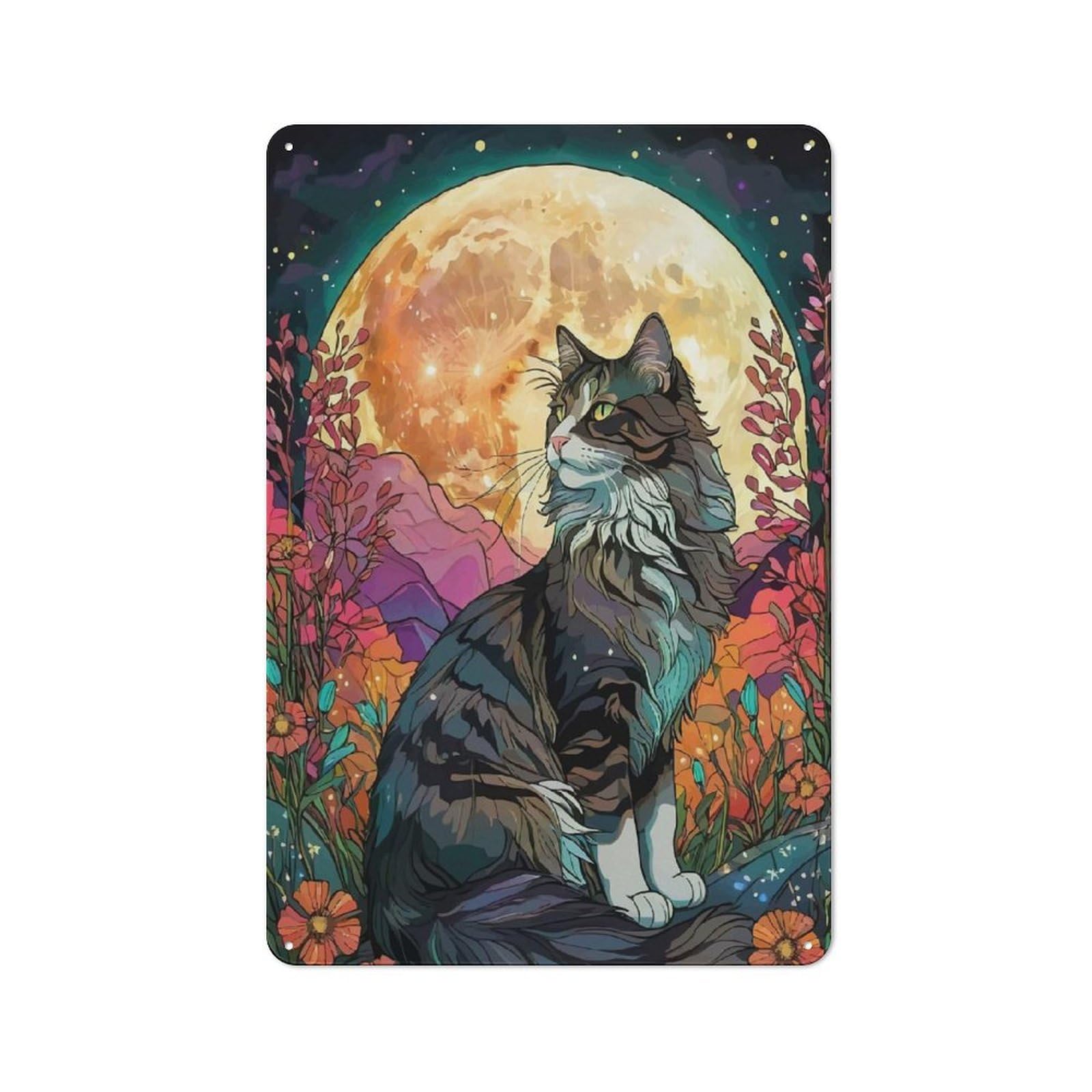 Junmoney Norwegian Forest Cat With Night Garden Retro Metal Sign With Design 30X20cm, Nostalgic Vintage Wall Decor For Kitchen, Hallway, Bar Or Small Cafe