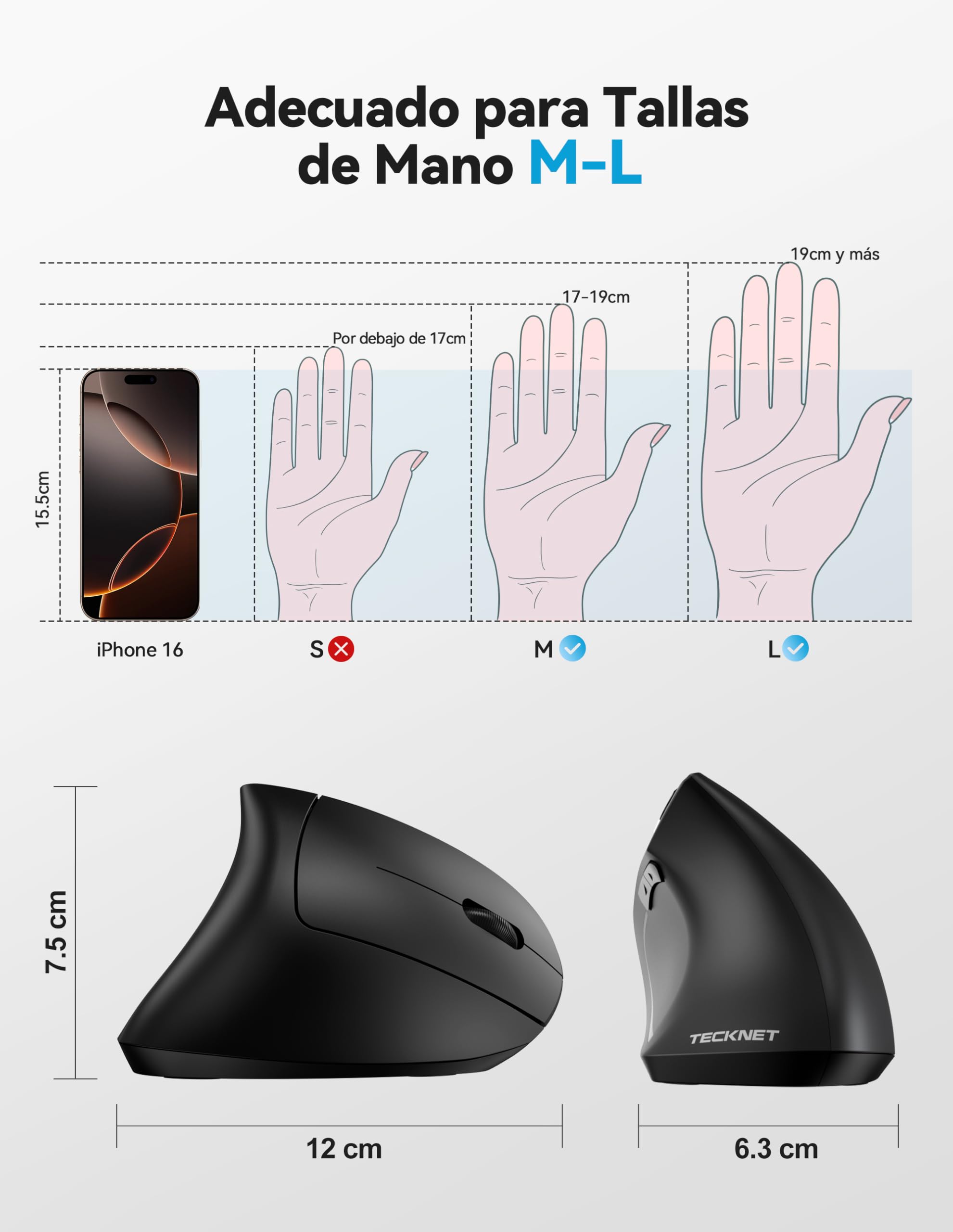 TECKNET Ratón Bluetooth Ergonómico, Raton Vertical Inalámbrico Recargable (BT 5.0/3.0 + 2.4G), 6 Niveles de Ajuste hasta 4800 dpi, Ratón Inalámbrico óptico Silencioso para Windows, Mac, Portátil