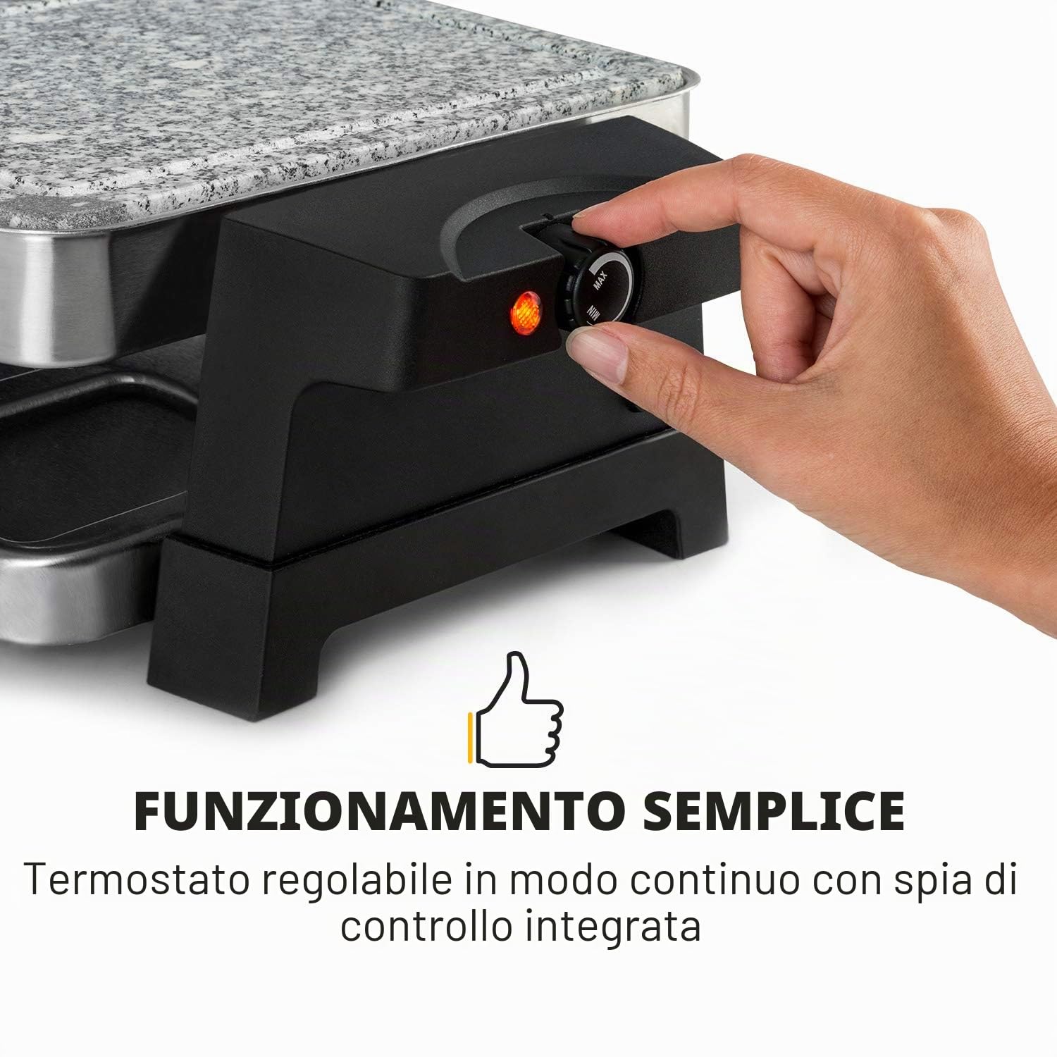 Klarstein Sirloin - Piastra per Raclette, Padelle per Raclette, 1500 Watt, 2 in 1: Alluminio e Pietra Naturale, Termoelemento in Acciaio Inox, Termostato Regolabile, per 8 Persone, Acciaio
