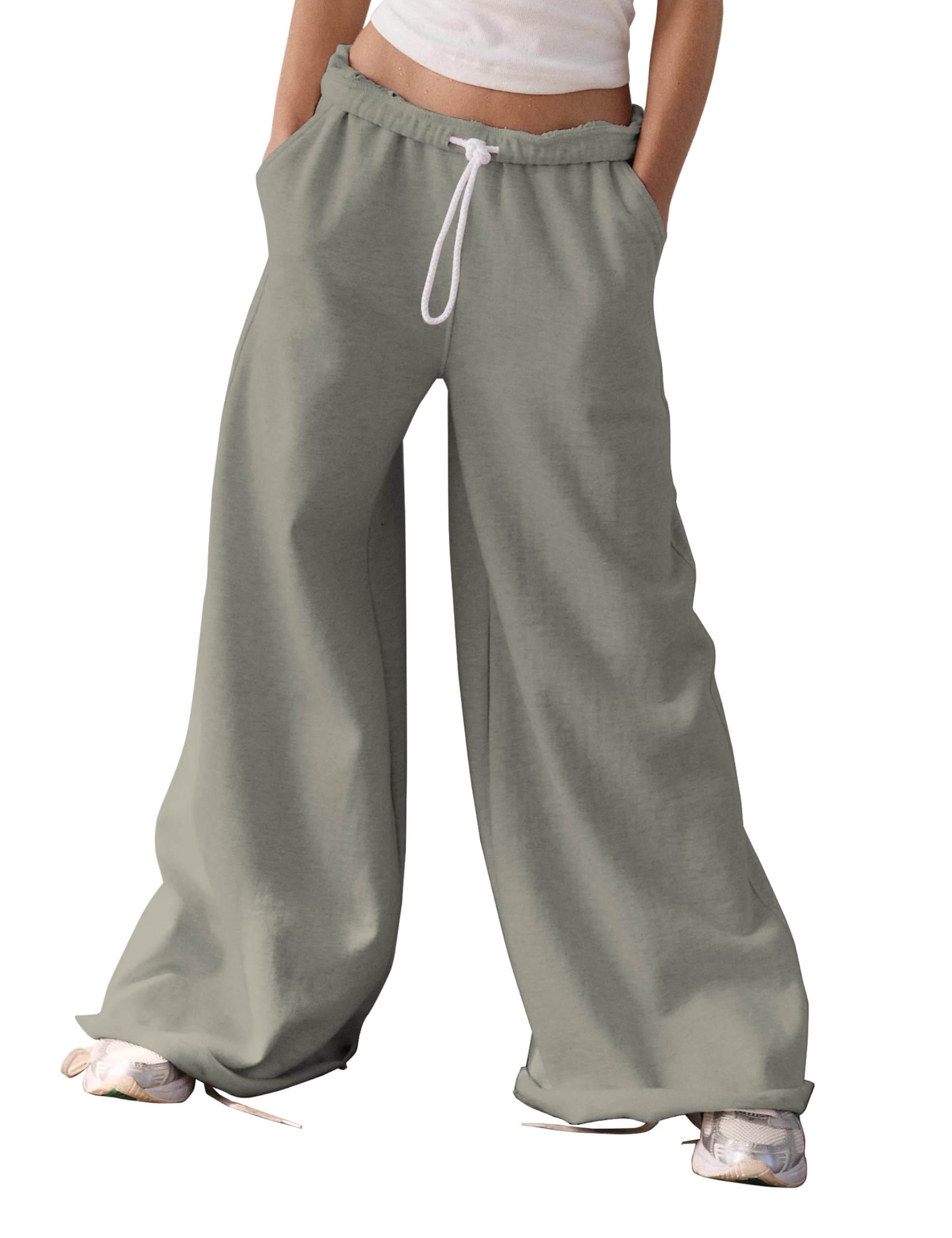 Lumister Womens Wide Leg Long Pants Drawstring Elastic Waist Y2K Casual Loose Sweatpants with Pocket 0908-Gray-L
