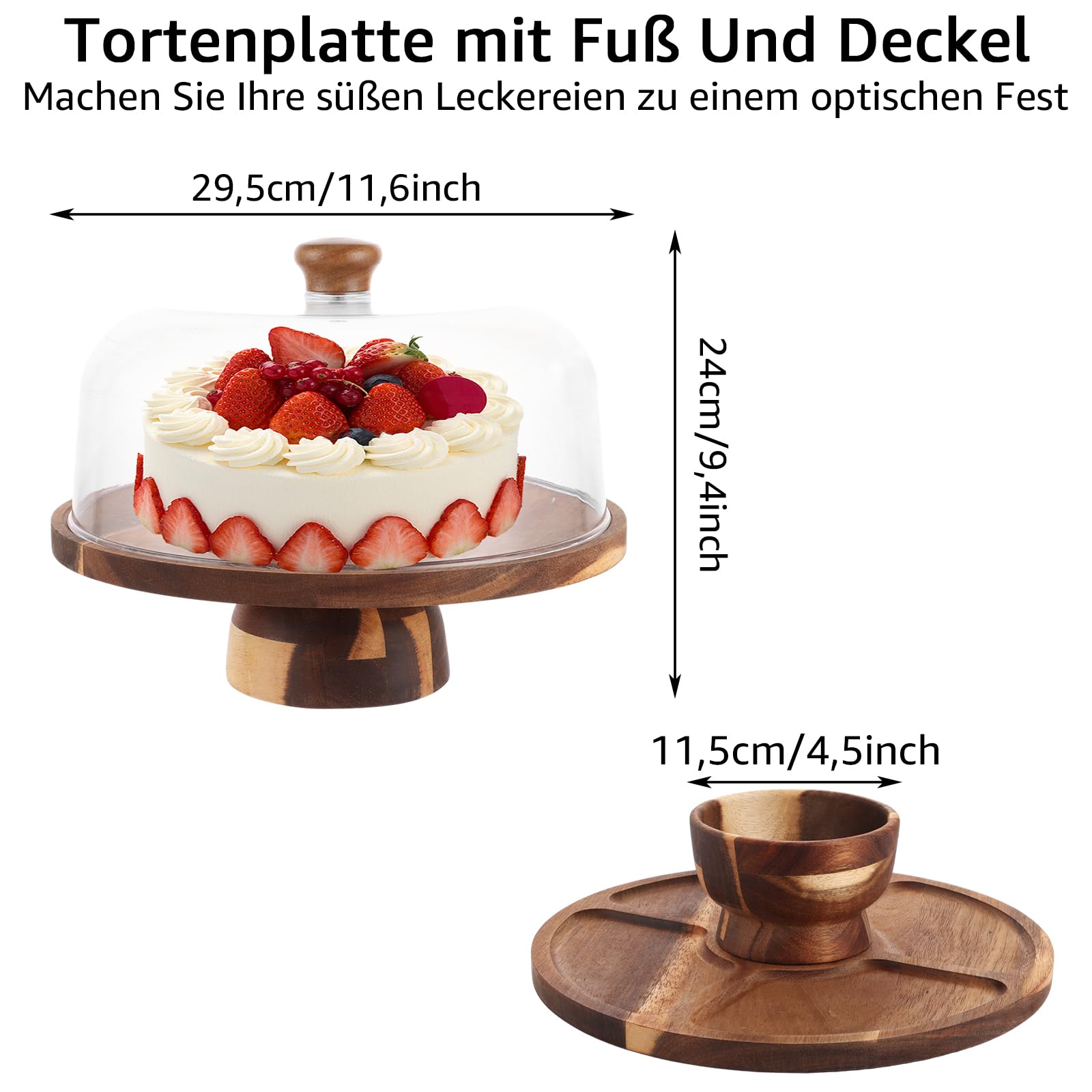 Plateau à Gâteau Tournant Avec Couvercle En Verre - Diamètre 26 Cm, Bois D'acacia, Support Verre - Présentation Et Conservation Gâteaux