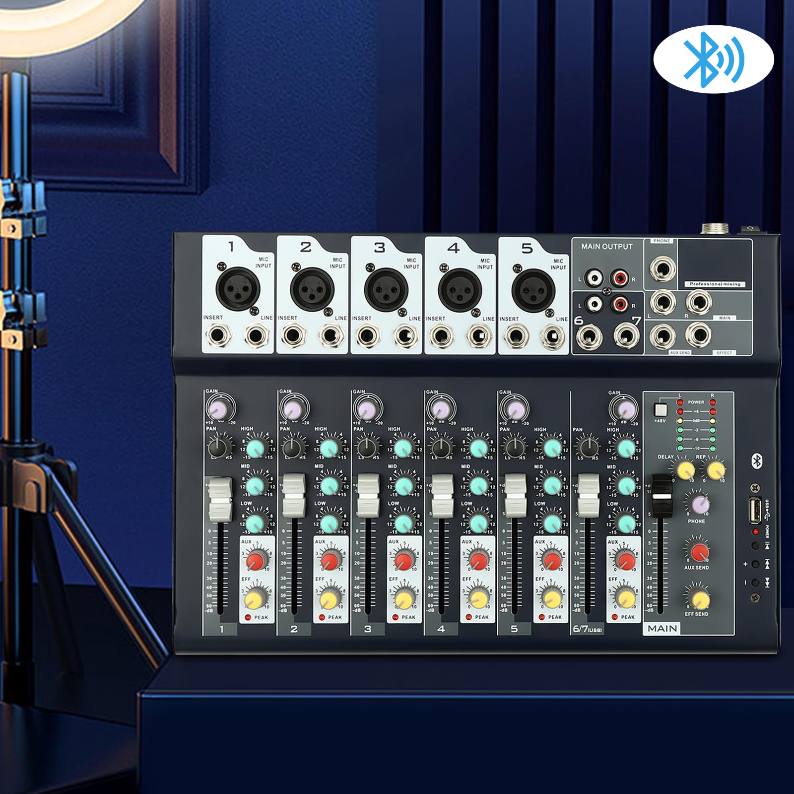 Mixer DJ a 7 canali, mixer professionale Bluetooth, USB, mixer audio senza fili, mixer audio portatile, per TV domestica, spettacoli palcoscenici, bar, ecc