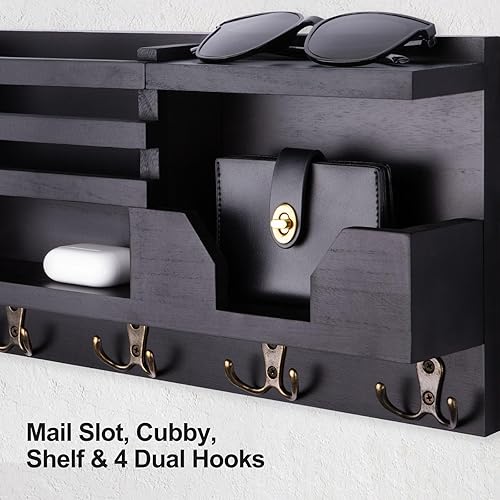 Miniatura 5 de Soporte decorativo para correo y llaves para pared, organizador decorativo de entrada de 15.9 x 8.7 x 3.2 pulgadas con estante, madera de paulownia