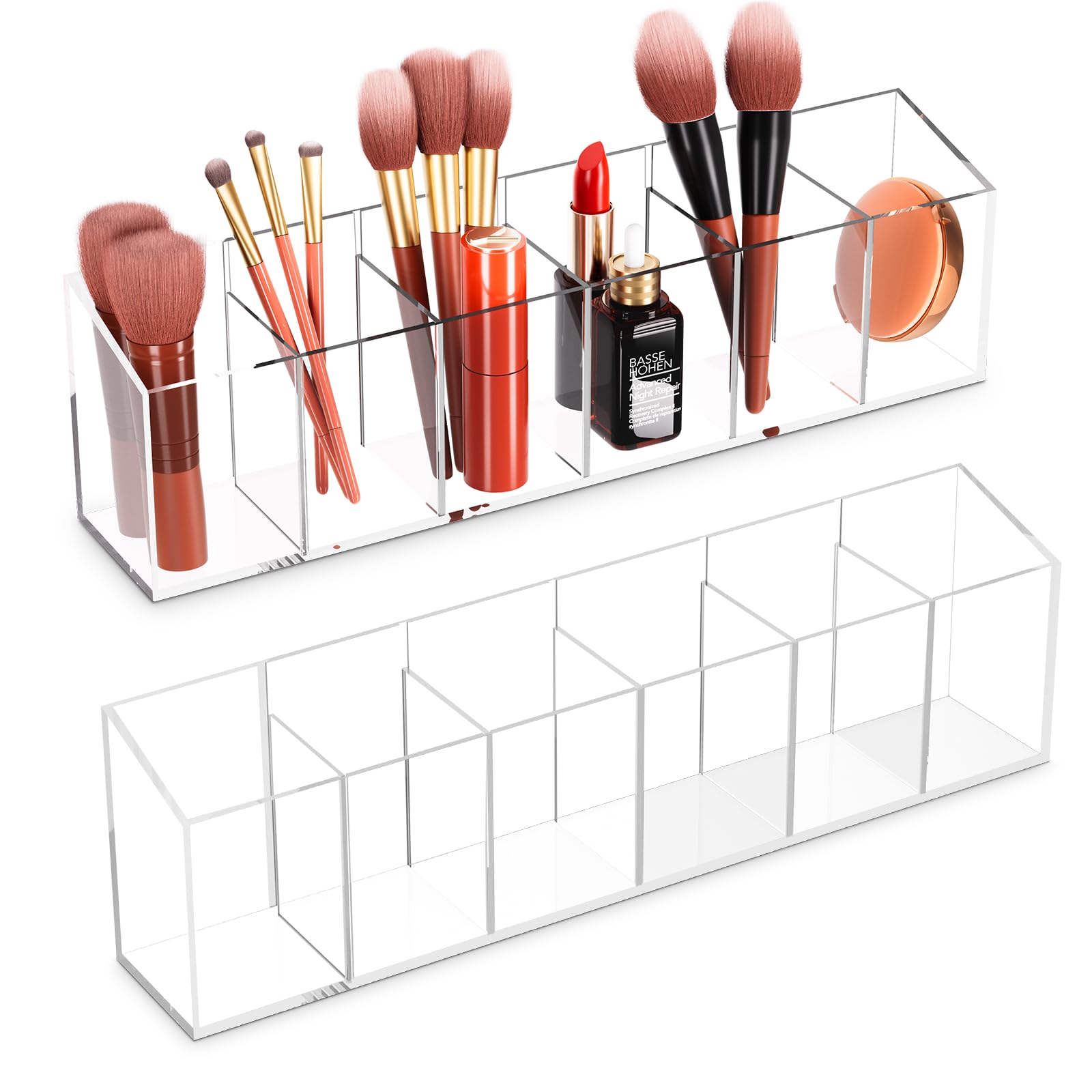 Acrylic 6-Compartment Makeup Organizer 2PCS, Transparent Plastic Makeup Brush Holder, Perfect Bathroom Vanity Storage Solution for Makeup Brushes, Eyebrow Pencils, and More