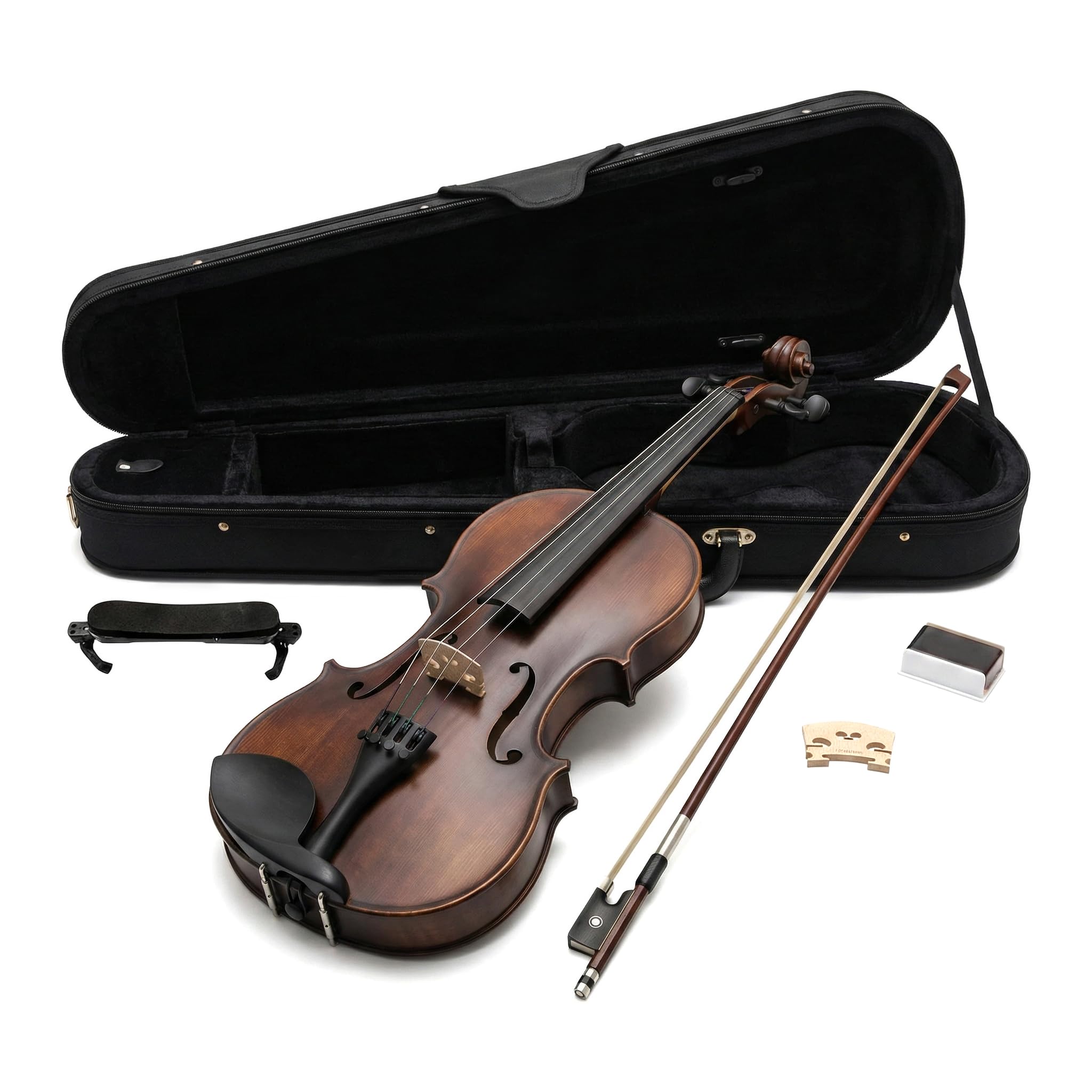 Violine 4/4, Handgefertigt aus Massiv-Fichten- & Ahornholz mit Ebenholz-Griffbrett - Komplettset mit Hartschalenkoffer, Bogen & Zubehör für Anfänger und Fortgeschrittene