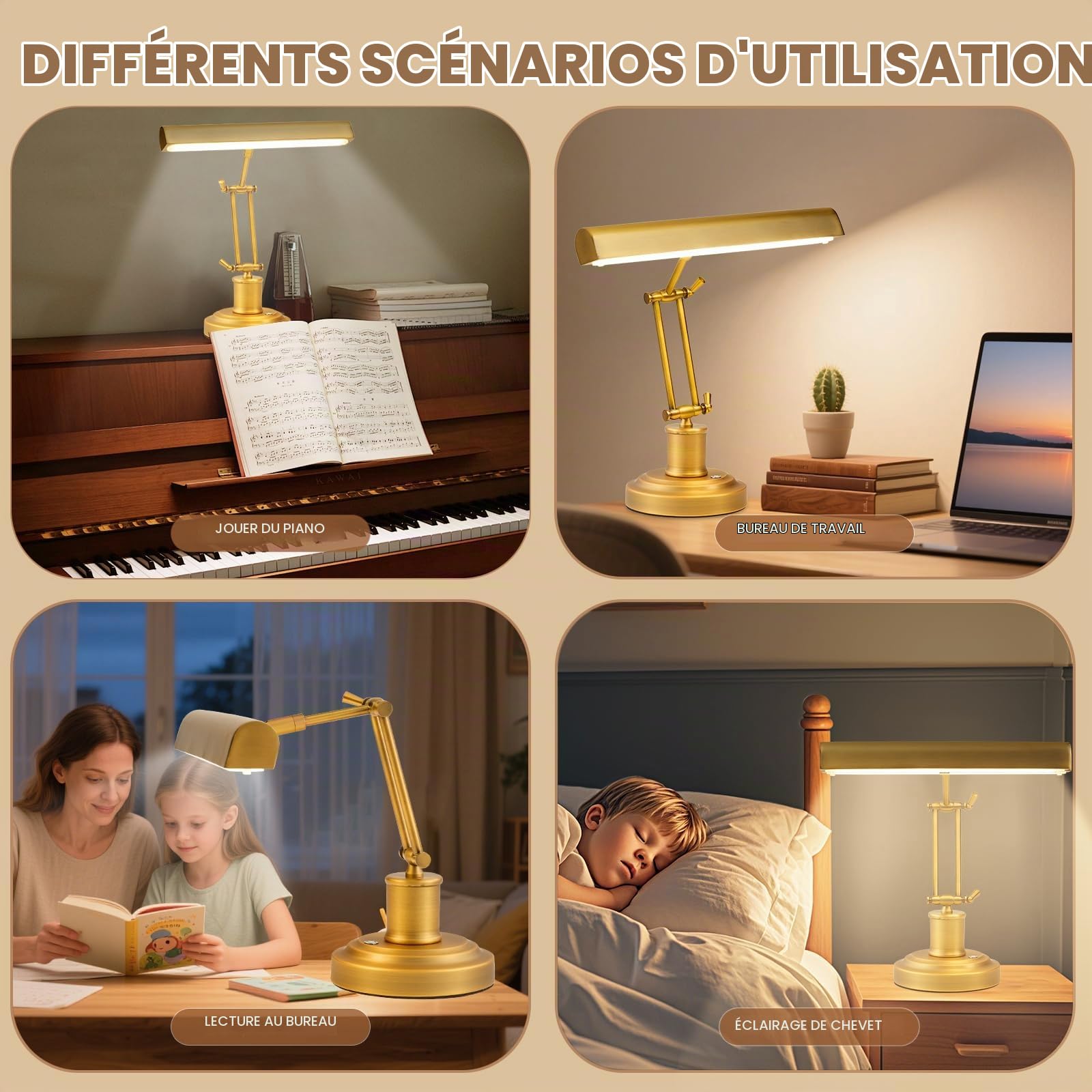 Lampe Piano LED CRI95+ Double Bras Réglable Tactile, Dimmable 3 Températures 3000K-6000K, Bronze Laiton Vieilli pour Piano Pupitre Bureau Salon