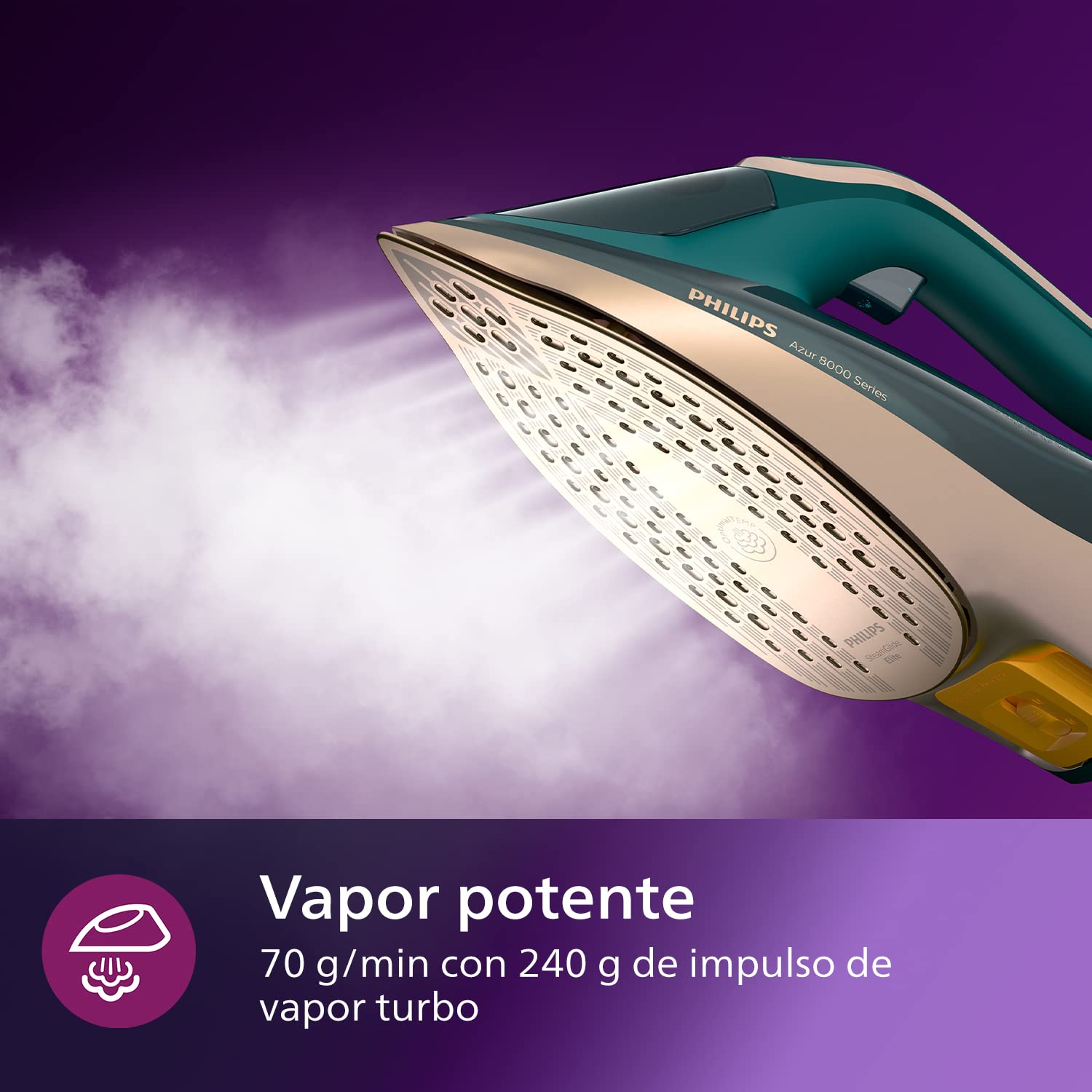 Philips Azur 8000 Plancha de Vapor, 3000W, depósito 305 ml, Verde Ópalo | Golpe de vapor 240g, 70g/min continuo, OptimalTEMP sin quemaduras, suela SteamGlide Elite, vapor vertical (DST8030/70)