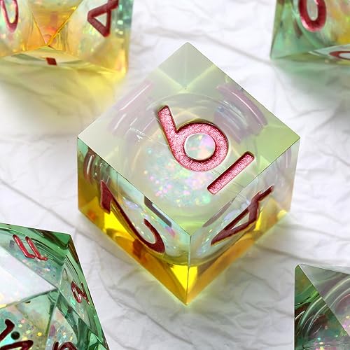 Miniatura 10 de Gitter - Dados de resina líquida de Dungeons and Dragons, 7 dados DND con estuche de regalo para juego de mesa (azul líquido y rojo)