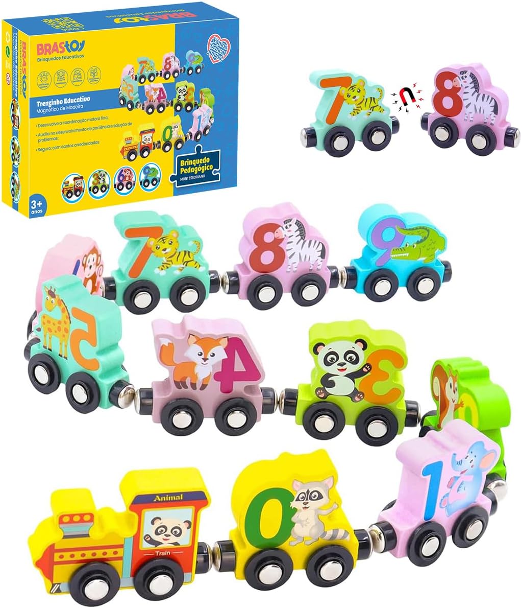 Brastoy Montessori Trem Veículos Magnético de Madeira Educativo Brinquedos Infantil Números e Animal